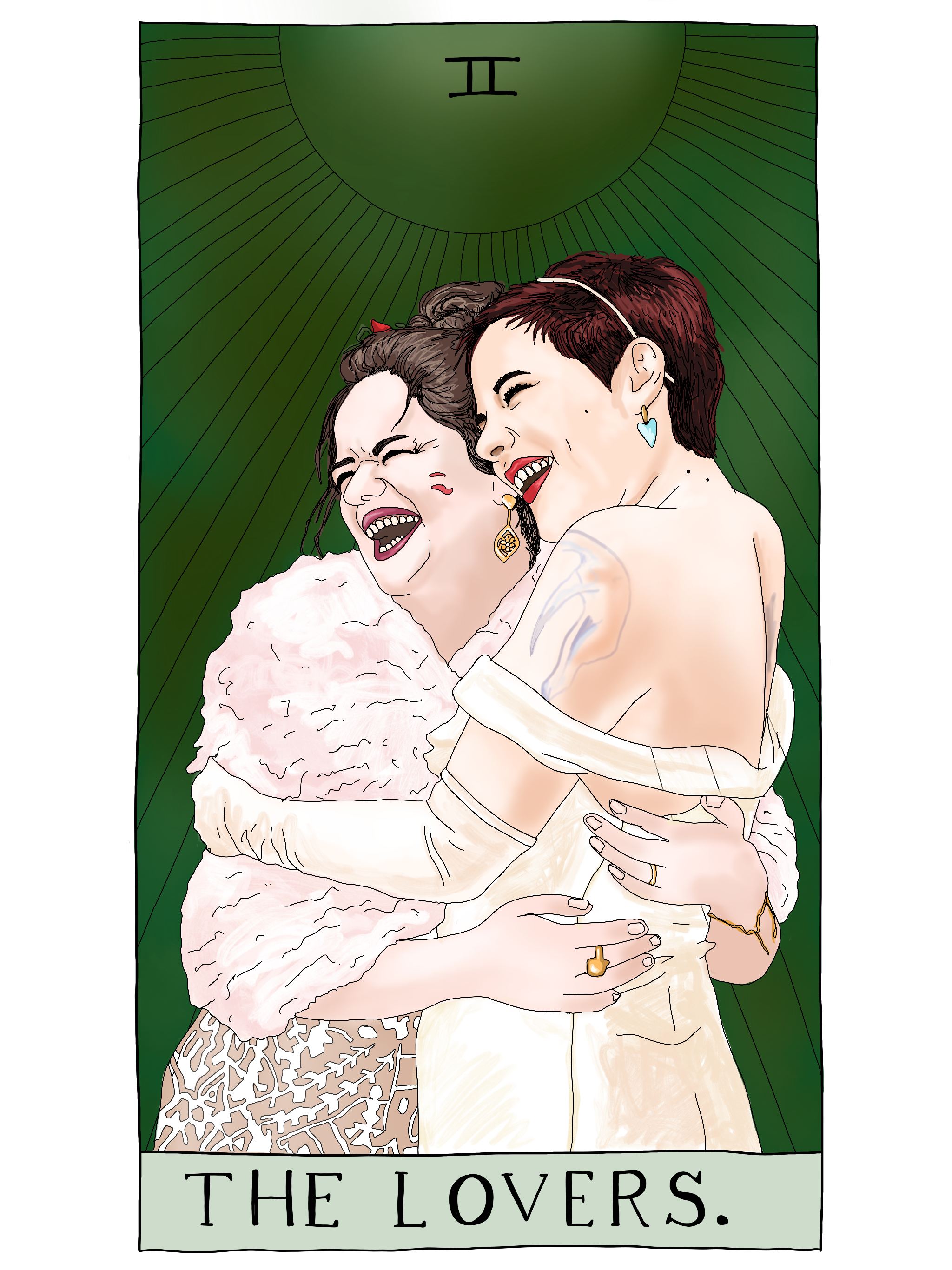 Couple portrait with Tarot border and realistic detailing.