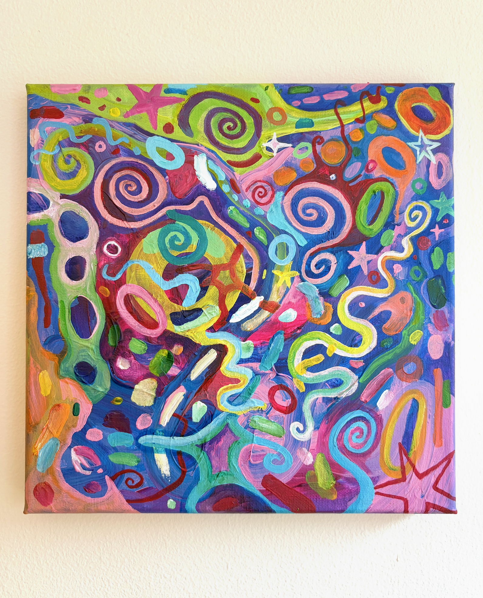 Belly Out (2026). Acrylic on canvas. 10" x 10" x 1". Available in shop.