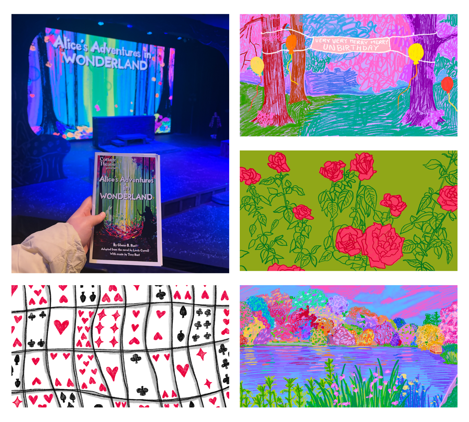 Select backdrops (20 total), digitally illustrated for "Alice's Adventure in Wonderland," Cottage Grove Theatre, Oregon, December 2025.