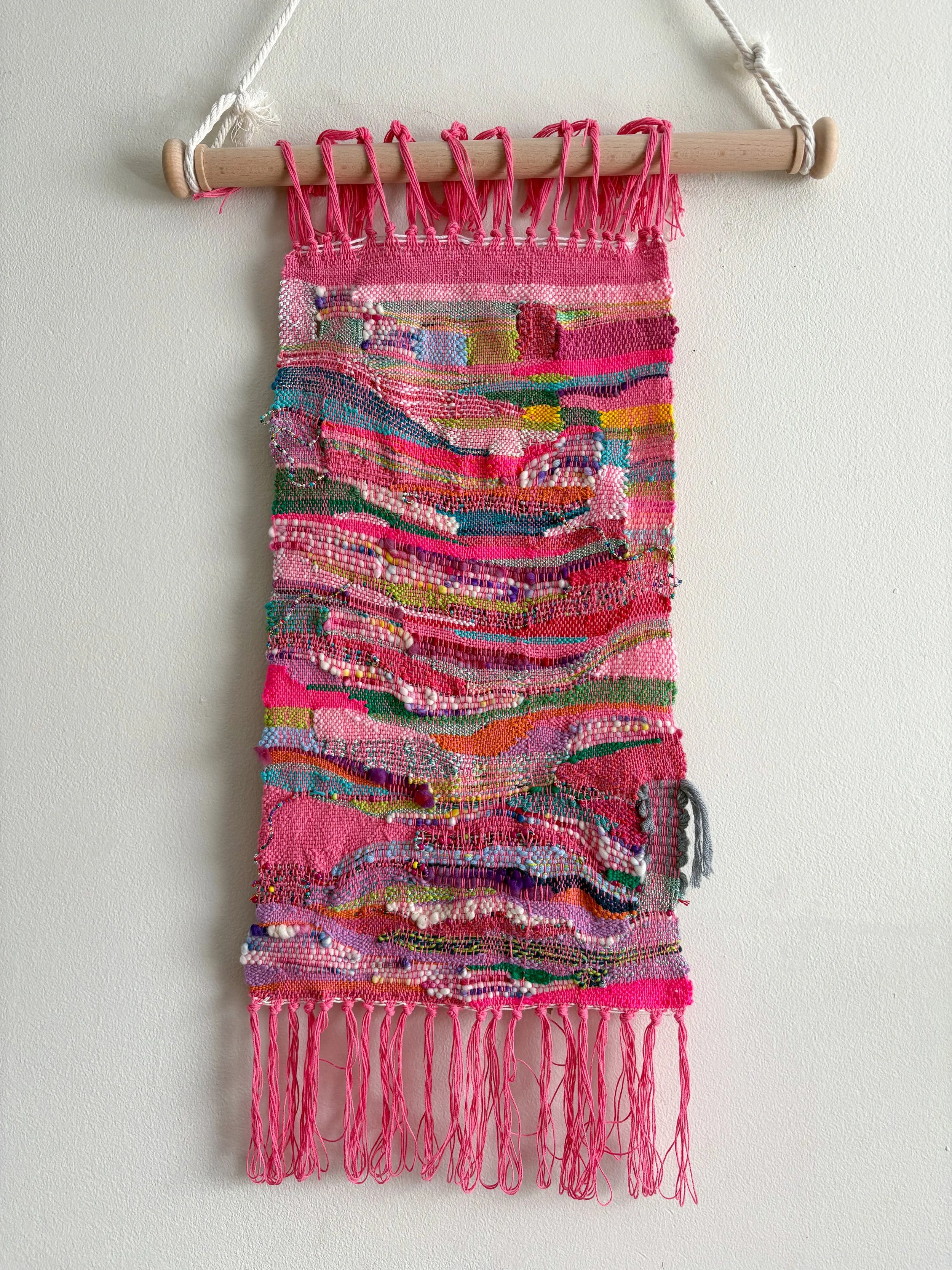 Untitled Weaving (2026).  20" x 12" x .75". Yarn, thread, beads, and wire.