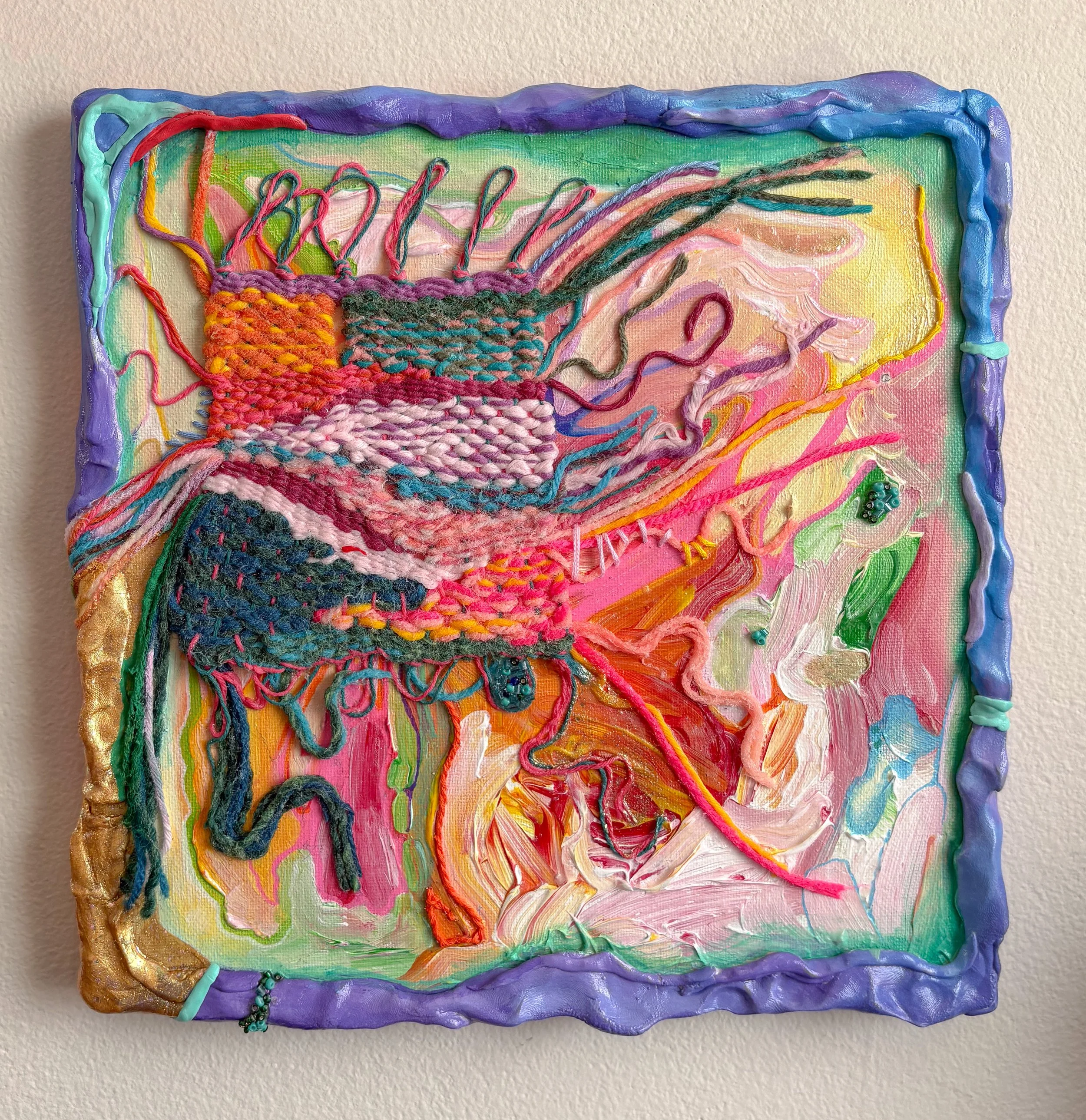 Experimenting (2026). Acrylic, pen, marker, embroidery thread, small handmade weaving, glitter, nail polish, foam clay, and beads on canvas. 10.25" x 10.25" x 1".