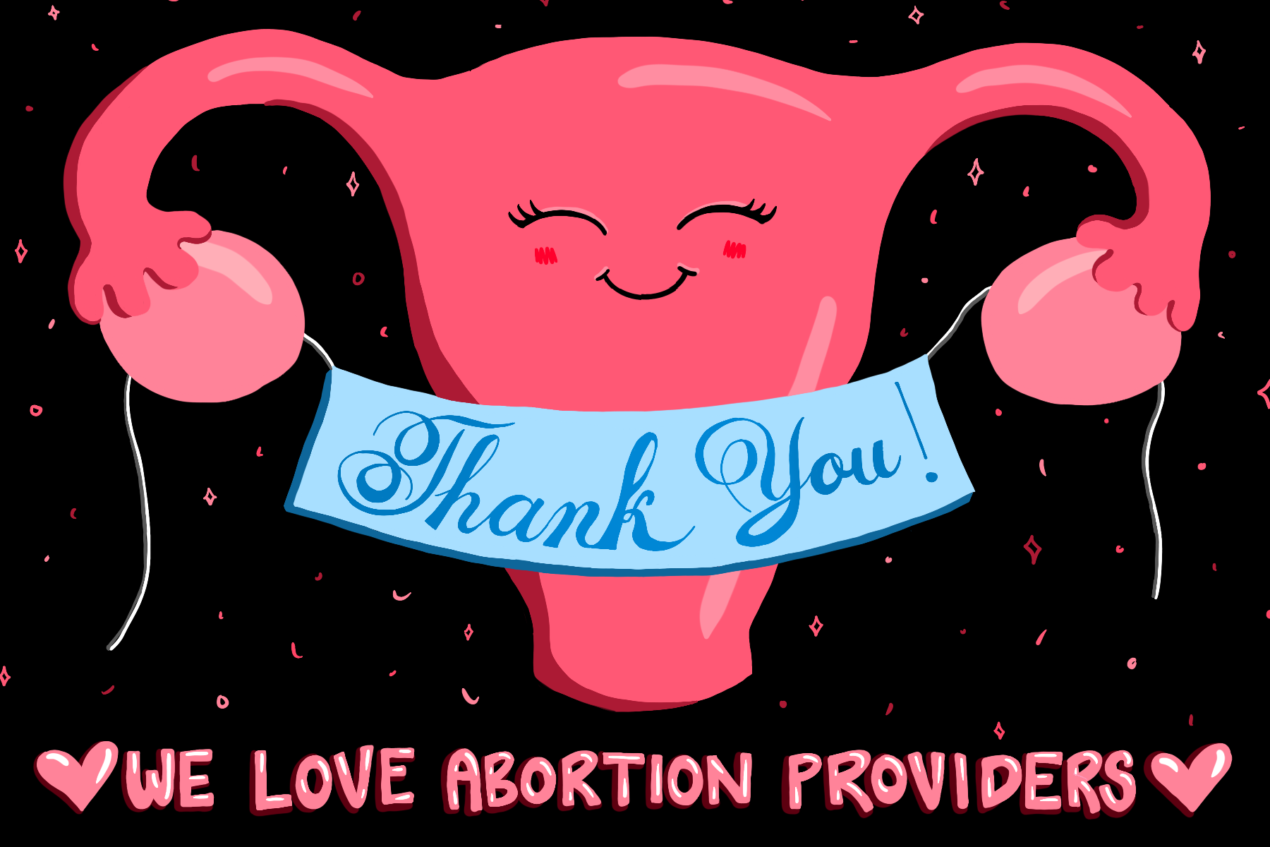 Illustrated 4x6 postcard, designed for Abortion Access Front. Postcards were sent to thousands of abortion clinics across the country!