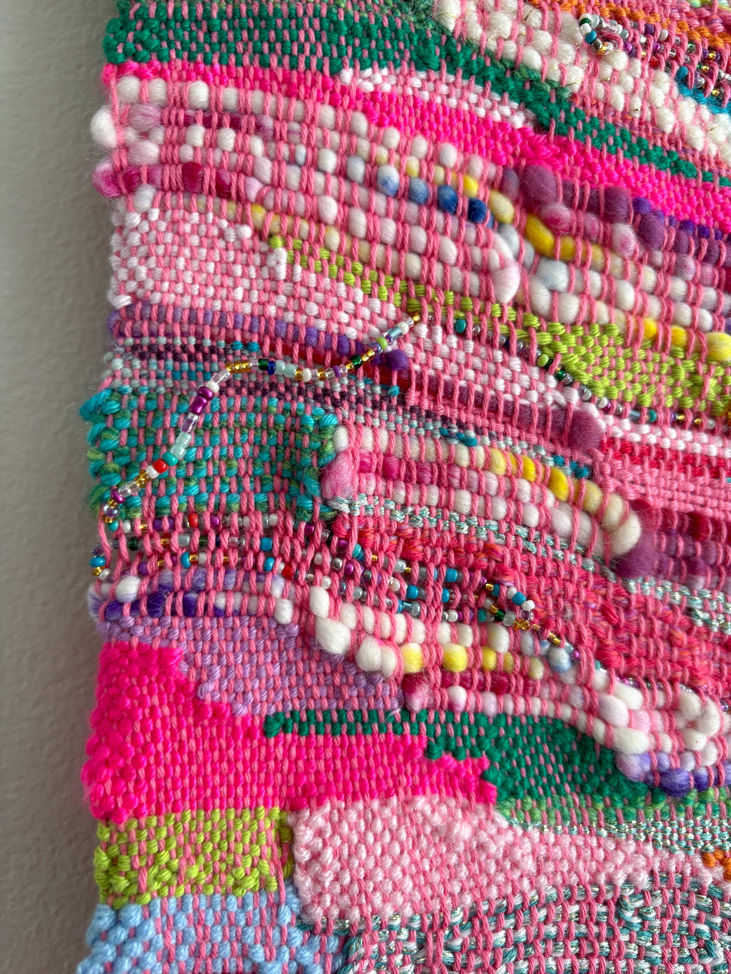 (detail) Untitled Weaving (2026).  20" x 12" x .75". Yarn, thread, beads, and wire.