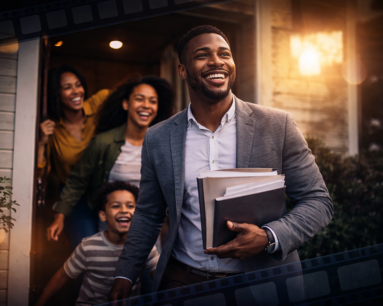 A group of cheerful African American people, with a man in a gray blazer holding folders, greeting each other outside a house at sunset.