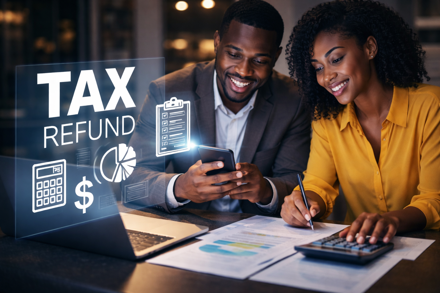 Two people, a man in a suit and a woman, sitting at a table with financial documents, a calculator, and a laptop. They are smiling while looking at a smartphone. Overlaid graphics show icons related to tax refund, including a calculator, a dollar sign, a pie chart, and a clipboard, with the words 'Tax Refund' prominently displayed.