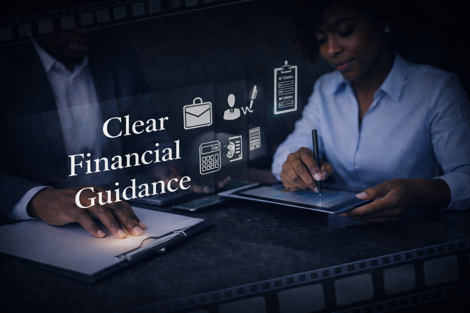 Two people in business attire discussing financial concepts at a desk with a digital overlay reading 'Clear Financial Guidance' and various financial icons.