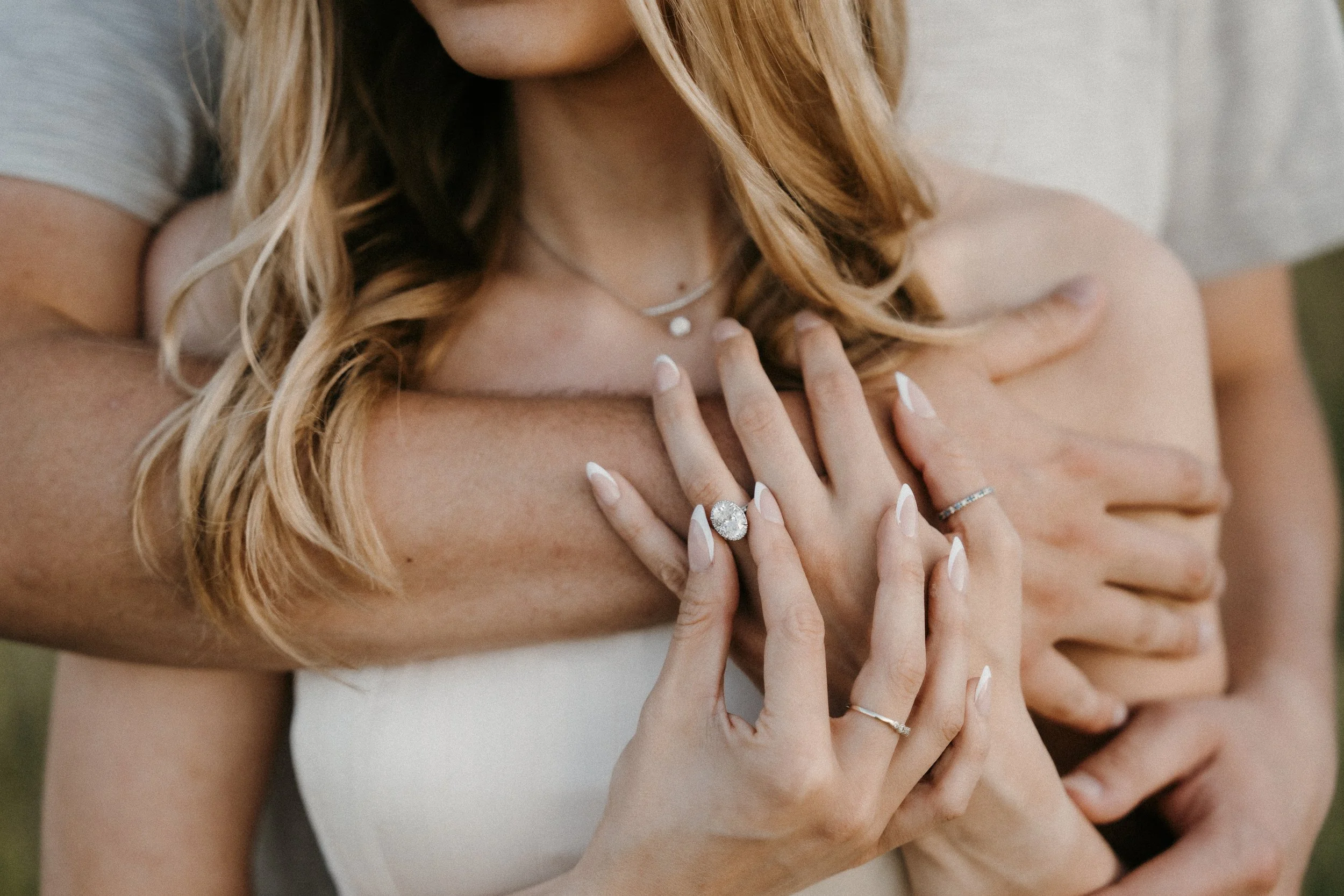 Close-up of a woman with blonde hair wearing jewelry and rings, being embraced from behind by a man, with their hands intertwined and touching her chest, in an intimate and affectionate pose.