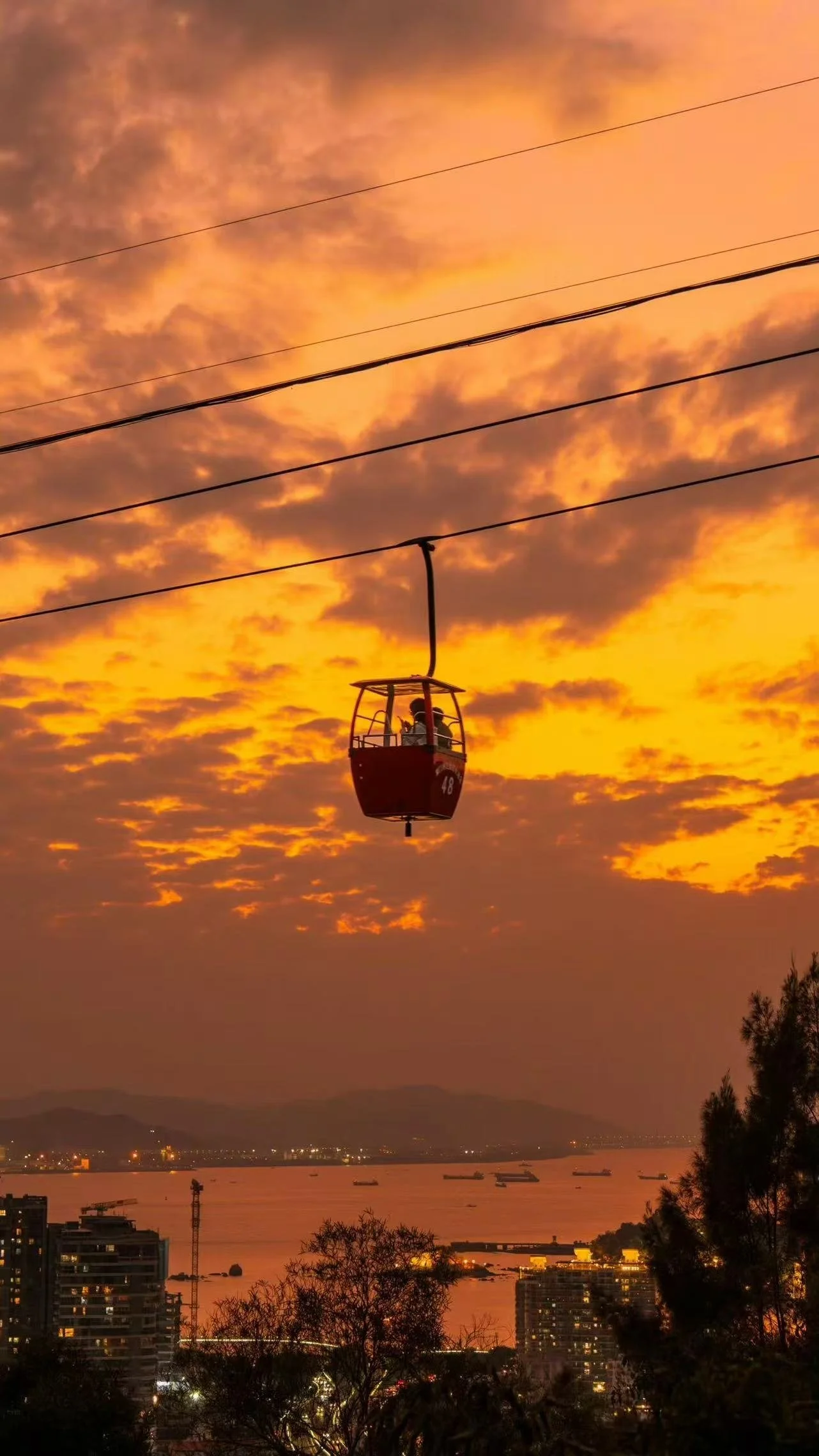 A cable car ride over a city skyline during sunset with illuminated buildings and a waterbody below.