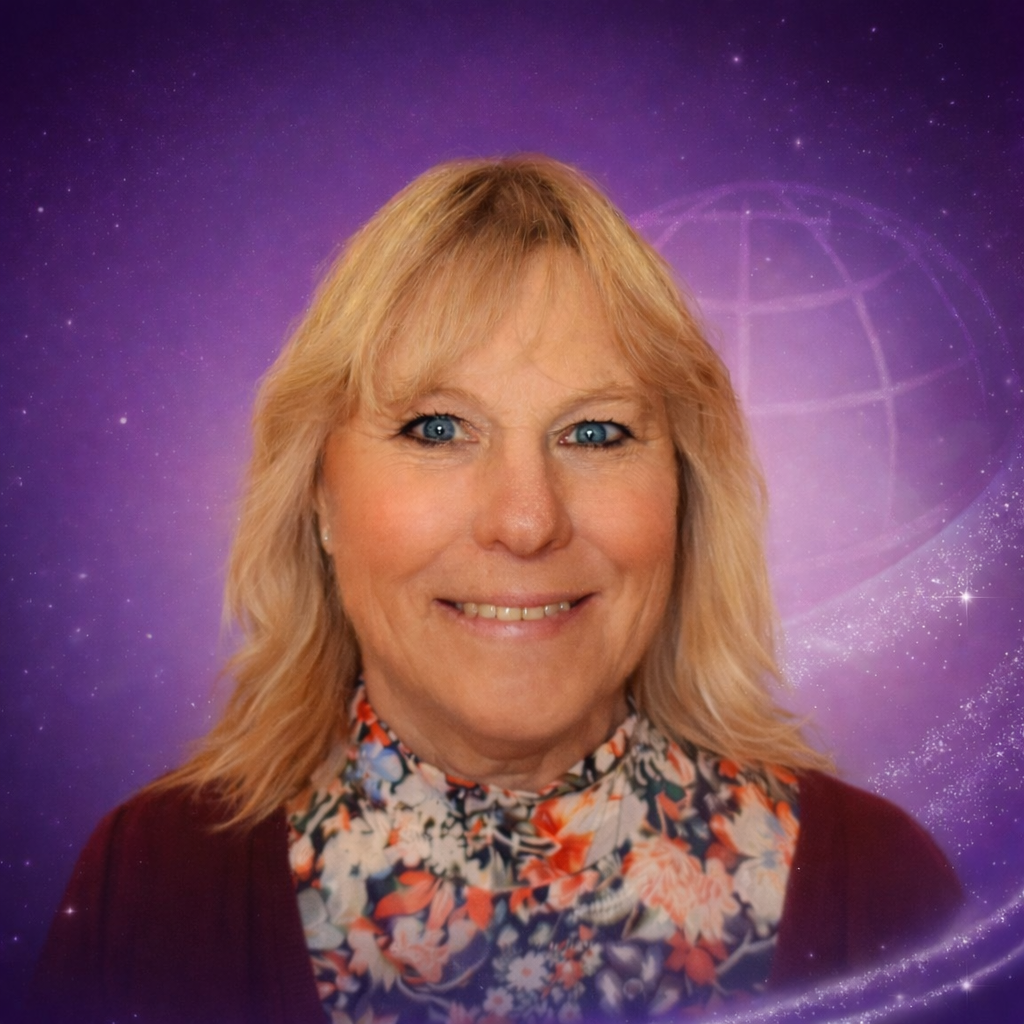 Portrait of a woman with blonde hair and blue eyes, smiling, set against a cosmic background with stars and a purple globe graphic.