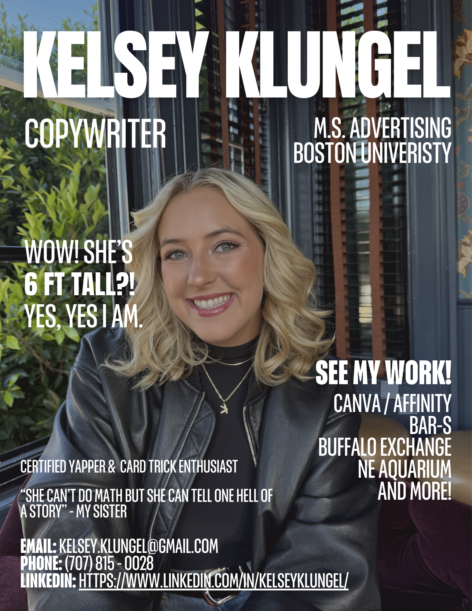 A woman with blonde hair smiling, wearing a black leather jacket, sitting indoors with greenery and window blinds in the background, overlaid with text indicating her name, profession, education, and contact information.