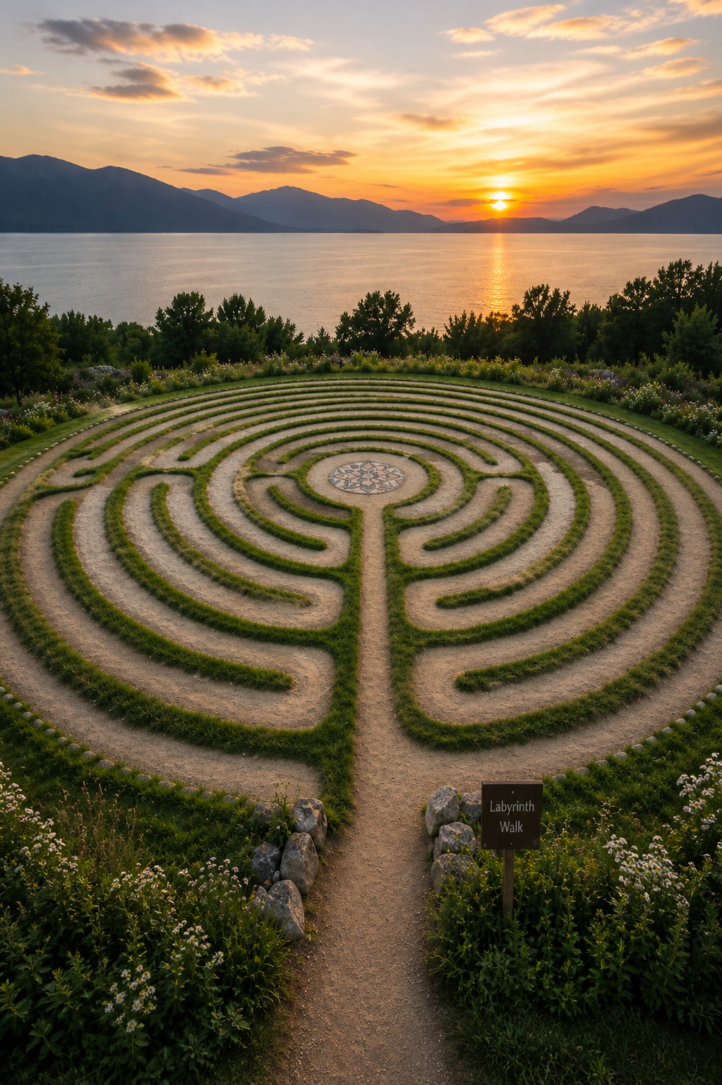 A circular labyrinth walk with green grass and gravel, leading to a decorative design in the center, overlooking a body of water and mountains at sunset.