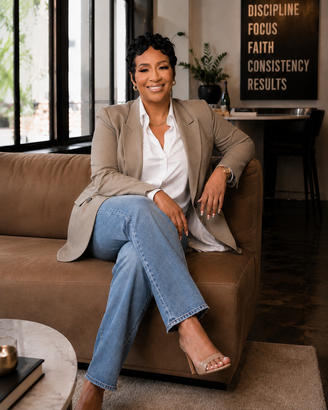 A woman sitting on a brown couch in a modern, stylish office or lounge area, smiling at the camera. She has short, curly black hair, wears a beige blazer over a white shirt, light blue jeans, and beige high heels. Behind her, there is a black wall with motivational words like 'Discipline,' 'Focus,' 'Faith,' 'Consistency,' and 'Results.' Large windows let in natural light, and there are decorative plants and a dark wooden desk.