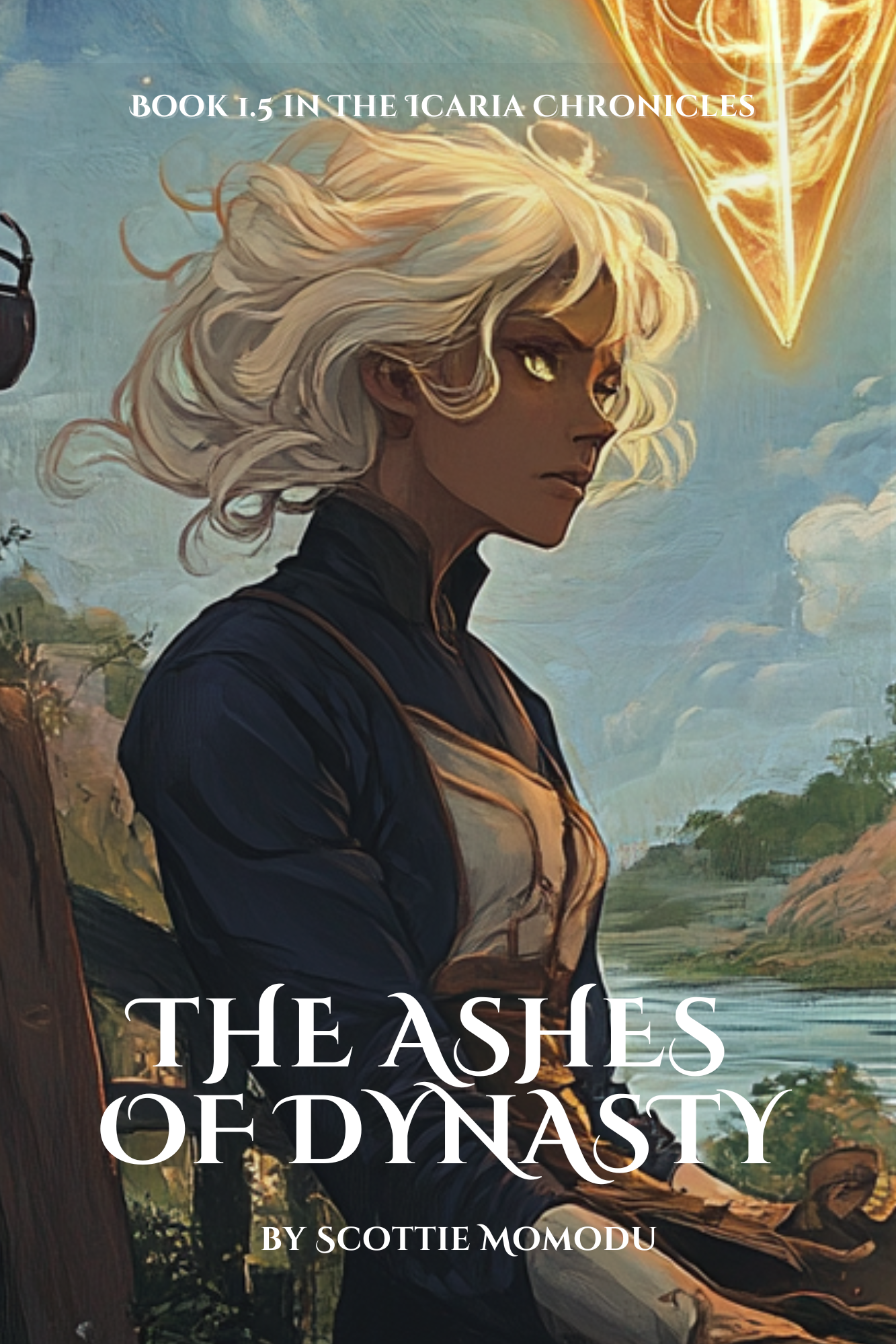 Book cover for 'The Ashes of Dynasty' by Scottie Momodu, featuring a woman with platinum blonde hair, a dark jacket, and a scenic background with trees, water, and a triangular glowing symbol in the sky.