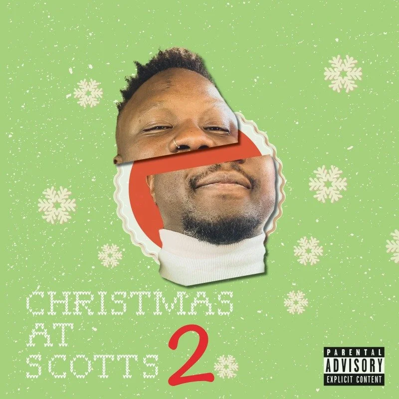 Holiday-themed album cover with two overlapping photos of two men's faces, a green background with white snowflakes, and text that reads "Christmas at Scott's 2."