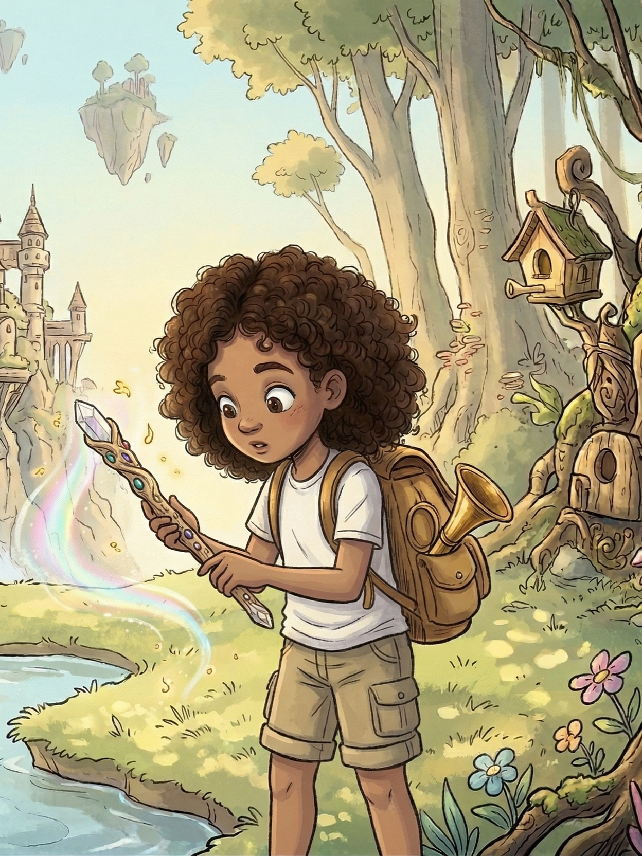 A young girl with curly hair looking surprised as she holds a magical staff, standing by a creek in a fantasy forest with a castle and floating islands in the background.