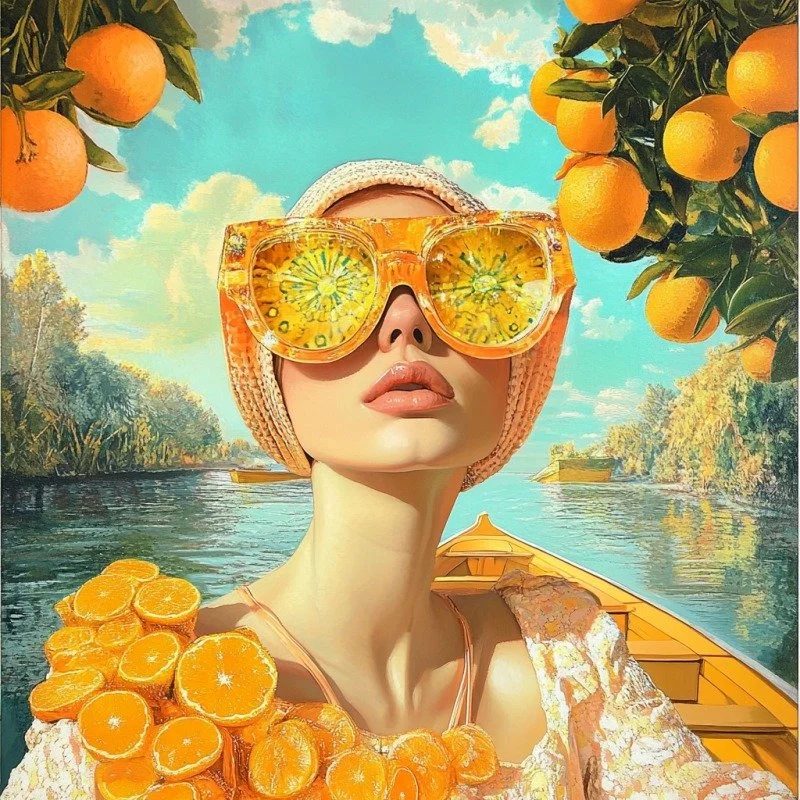 A woman wearing orange sunglasses with lemon slices inside, a beige hat, and a floral top, sitting in a boat on a river surrounded by orange trees, with a background of a partly cloudy sky and distant trees.