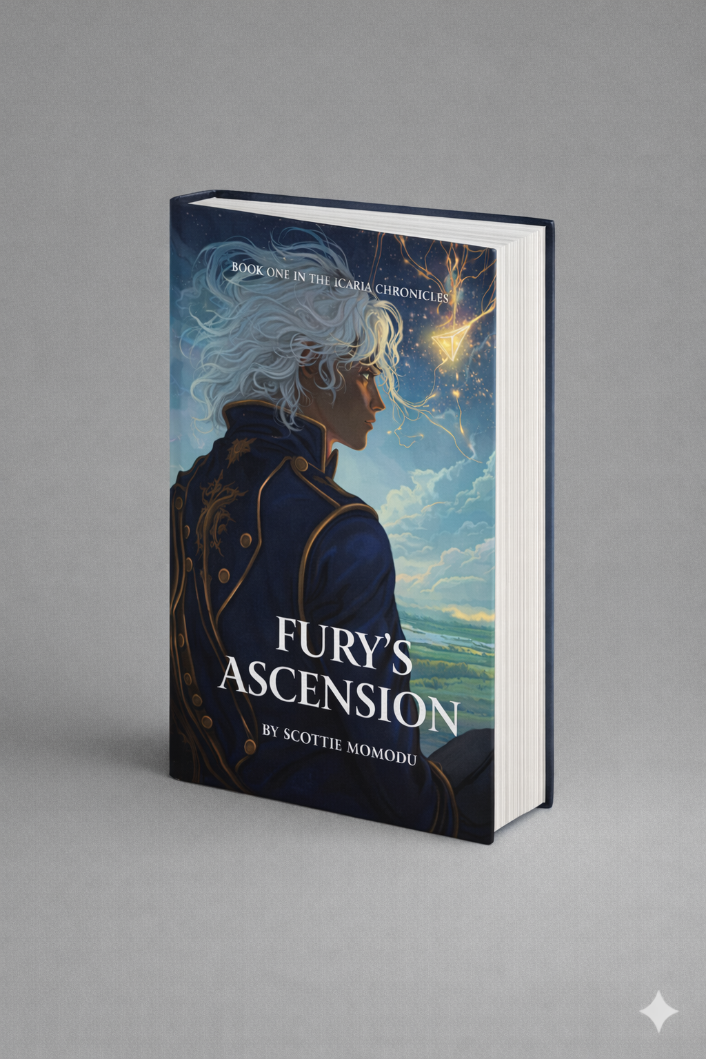 A fantasy novel titled 'Fury's Ascension' by Scottie Momodu, featuring a character with silver hair in a blue jacket on the cover, with a background of clouds and a glowing triangular symbol in the sky.