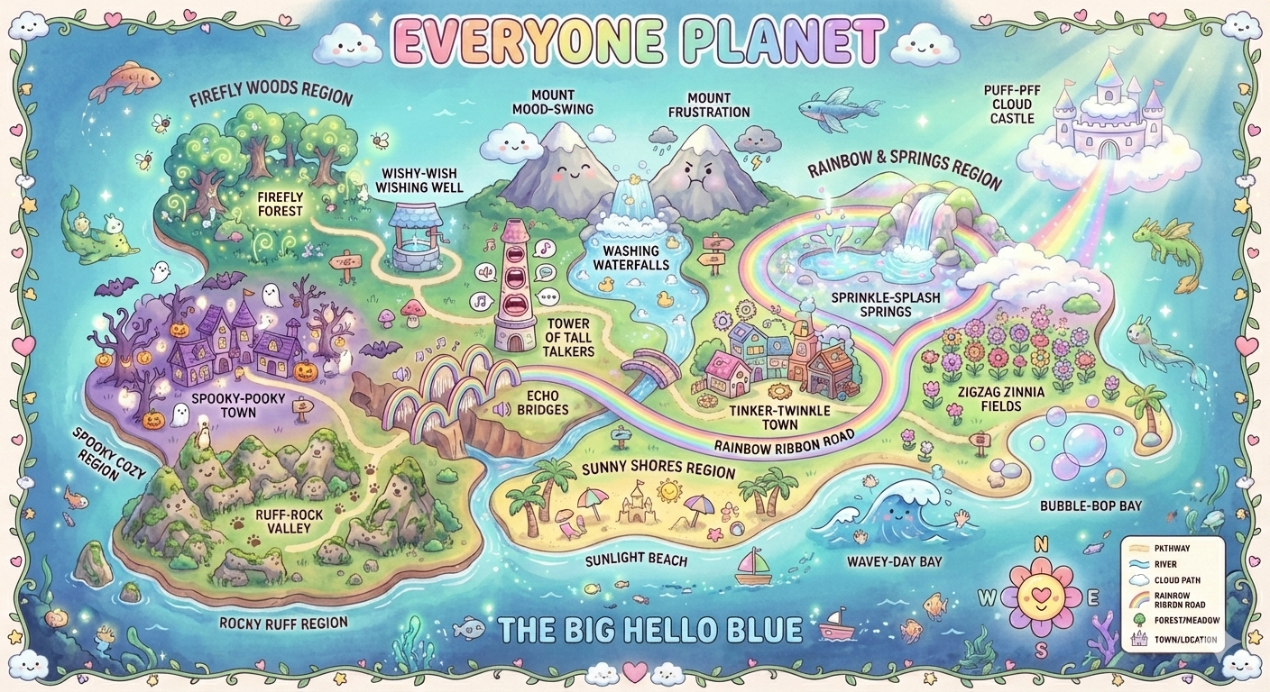Colorful illustrated map of a fantasy world called 'Everyone Planet,' featuring various regions, landmarks, and attractions such as Spooky-Pooky Town, Rainbow & Springs Region, Sky Castle, and Bubble-Bop Bay, with icons indicating paths, rivers, and other features.