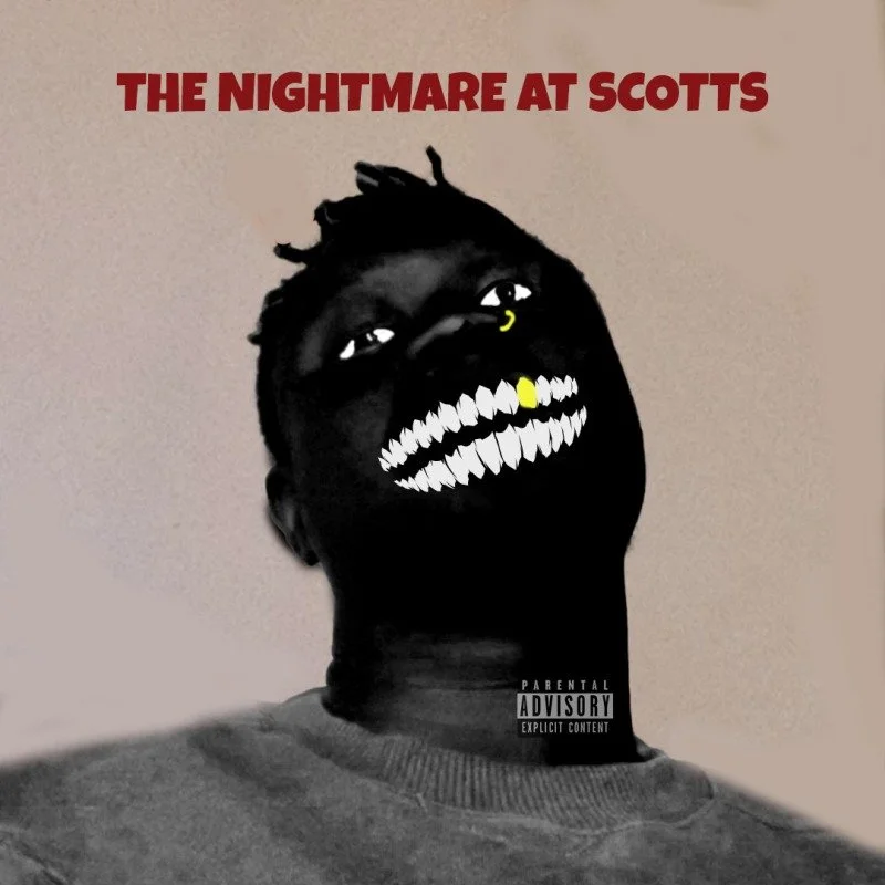 A person with a black face and cartoonish face features, including sharp white teeth and yellow accents, with red text above that reads "The Nightmare at Scotts" and a parental advisory label at the bottom.