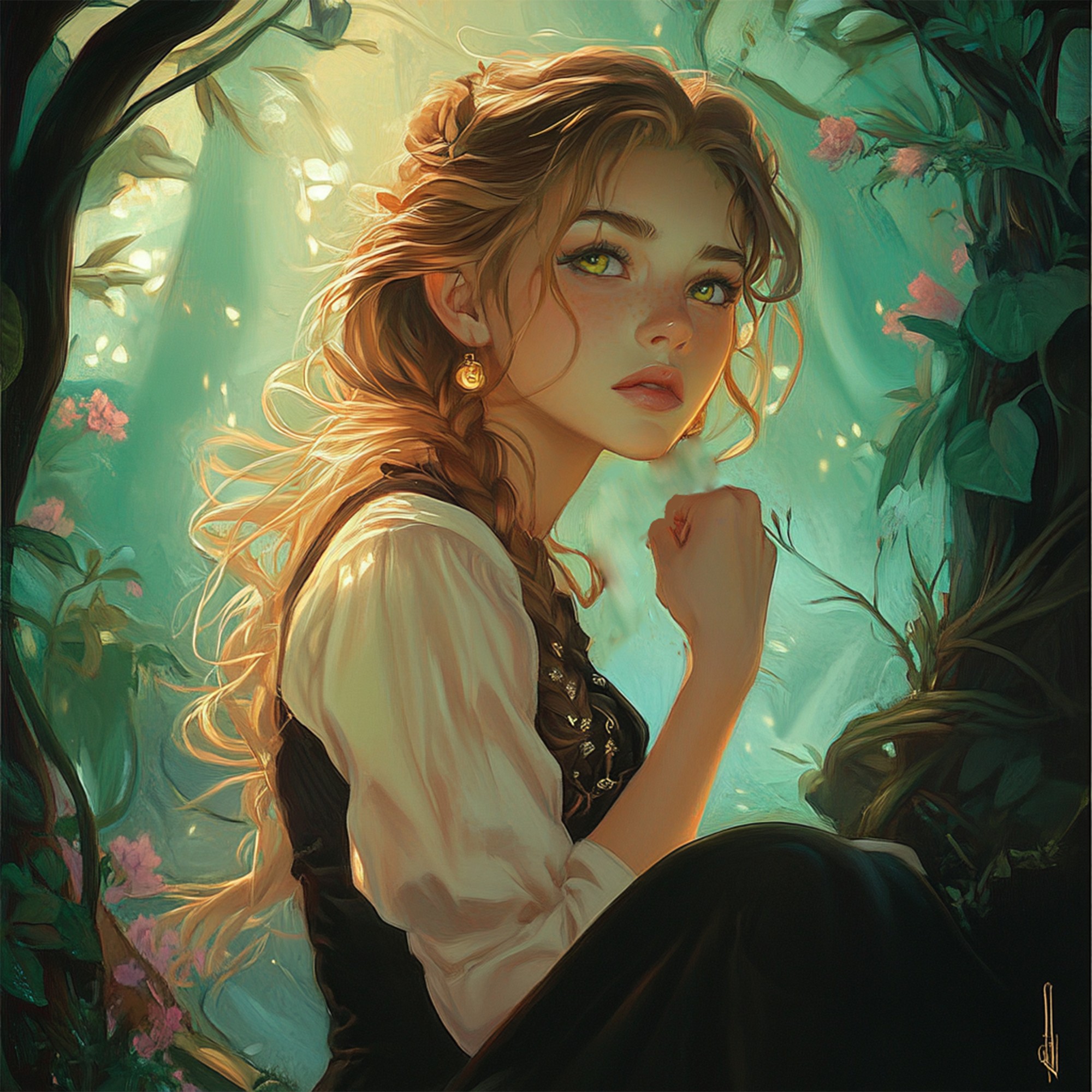 A young woman with long, wavy blond hair, green eyes, and freckles, sitting in a lush, green forest surrounded by plants with pink flowers. She wears a white blouse and a black dress, looking contemplative with her right fist near her chin, backlit by soft sunlight.