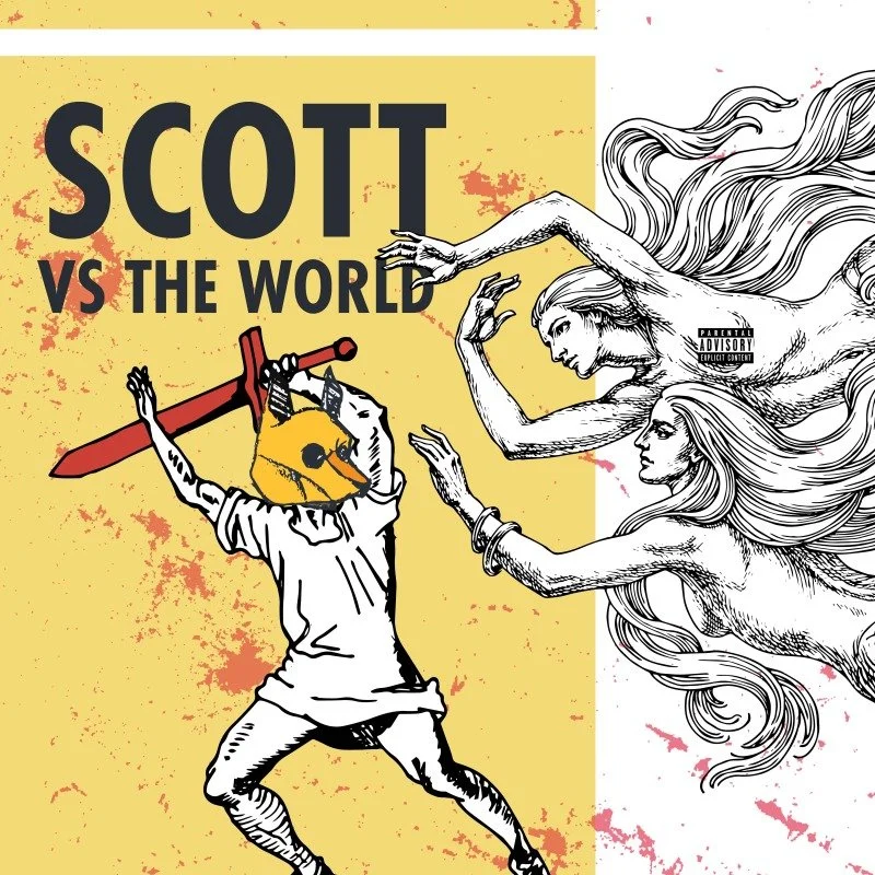 Album cover for "Scott vs The World" featuring a cartoon chicken wearing a hoodie and holding a red sword, with three long-haired women reaching out towards it. The background is yellow with red splatters.