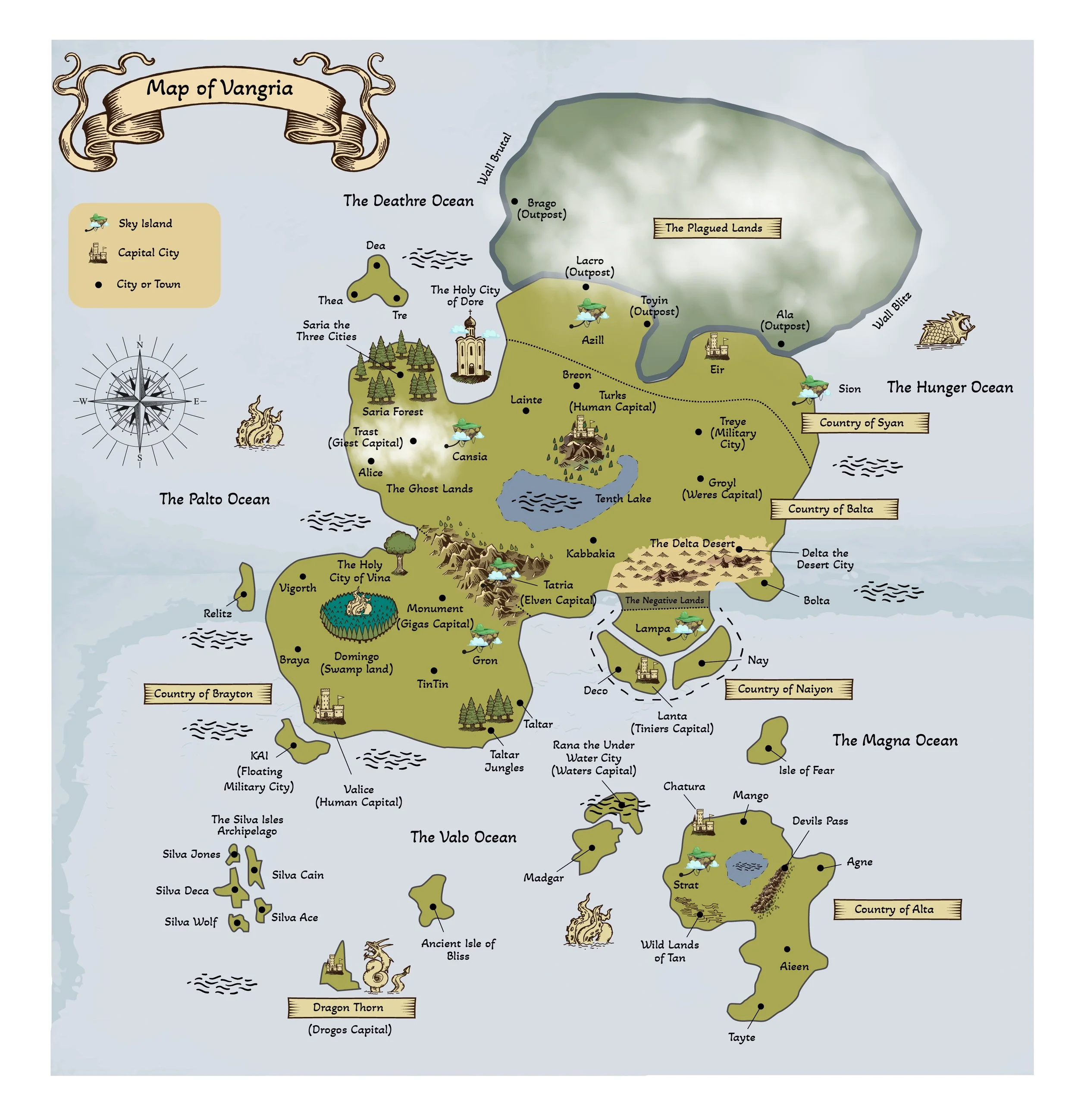 Map of Vangria showing various regions, cities, towns, landscape features, and landmarks including sky islands, capitals, outposts, and oceanic areas labeled with names and symbols.