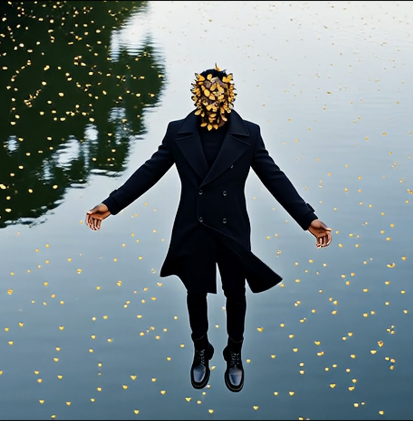 A person wearing a dark coat and boots standing in water, with their face obscured by a mask made of butterflies, surrounded by falling yellow leaves.