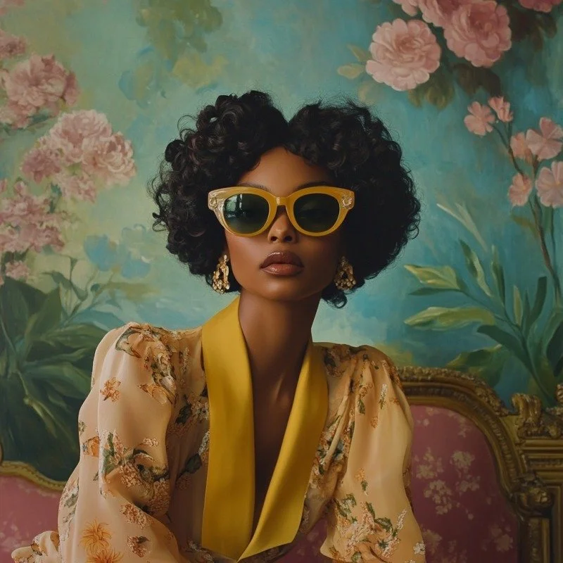 A woman with curly black hair wearing yellow sunglasses, gold earrings, and a floral dress with a yellow collar in front of an ornate pink and gold chair and a vibrant floral mural background.