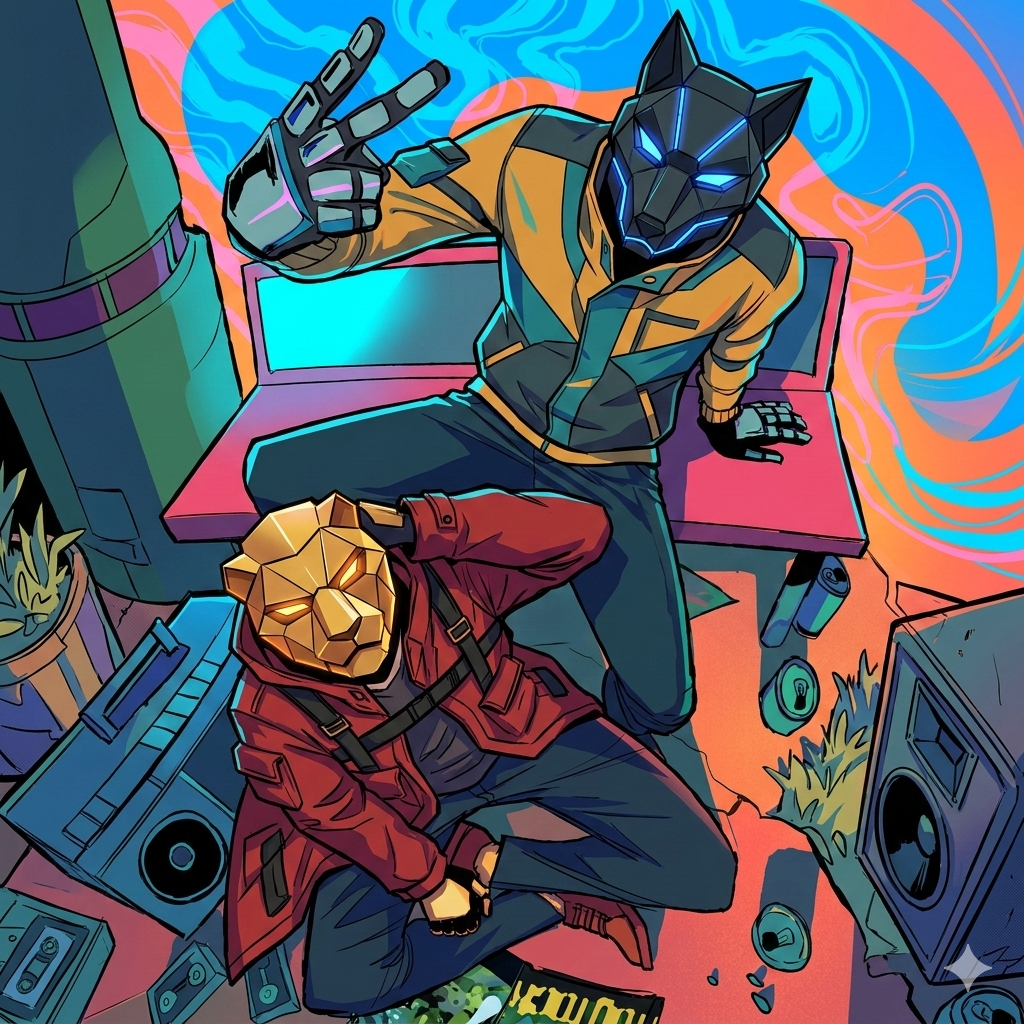 Two individuals in black masks with glowing blue eyes, one in a yellow jacket and the other in a red hoodie, surrounded by DJ equipment, soda cans, and plants, with colorful abstract background.