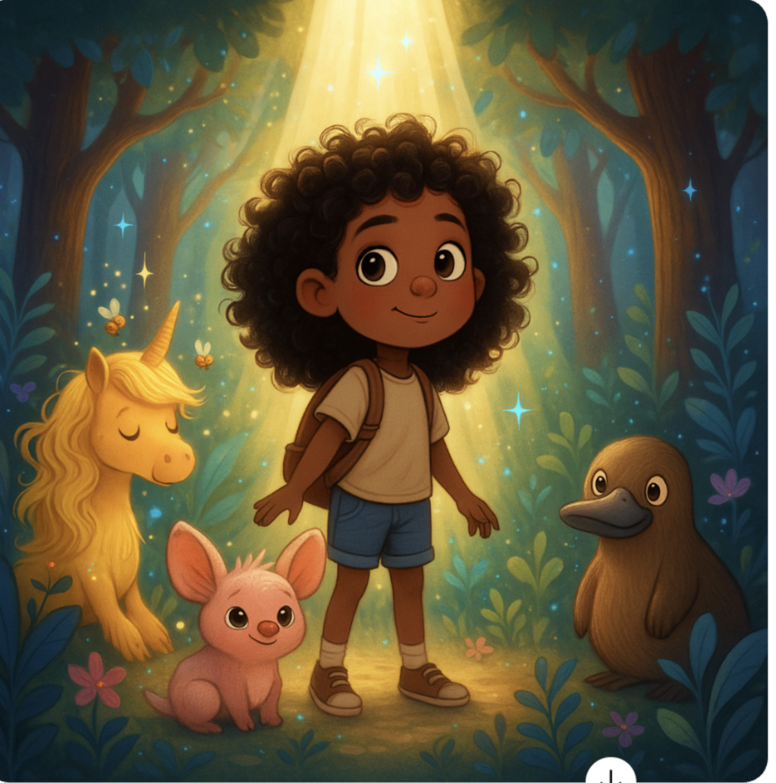A young girl with curly hair stands in a glowing forest surrounded by a unicorn, a rabbit, and a platypus, with sunlight filtering through the trees.