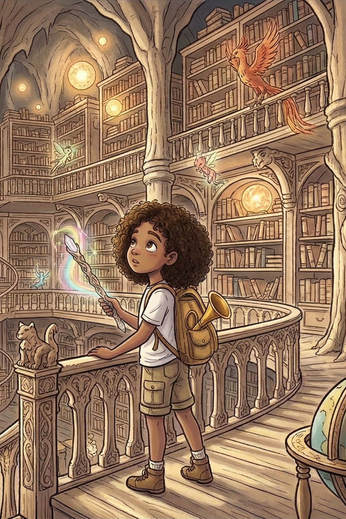 A young girl with curly hair in a fantasy library, holding a glowing wand, surrounded by floating fairy-like creatures and a enchanted cat statue, with bookshelves and glowing orbs in the background.