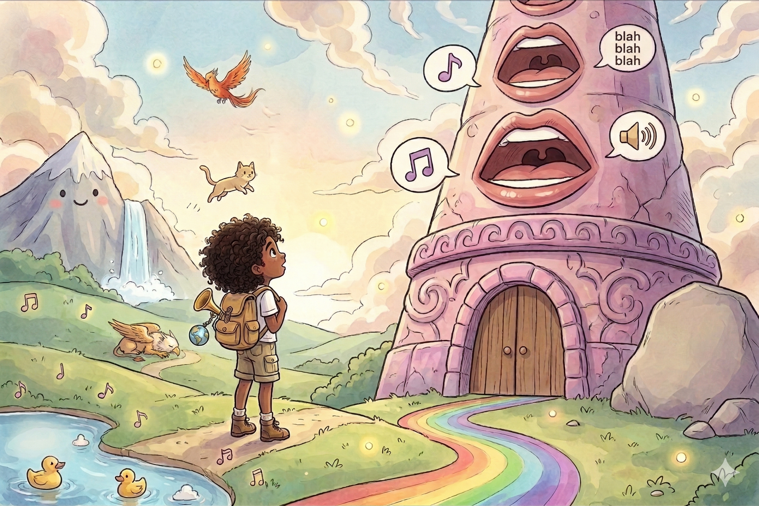 A young girl with curly hair carrying a backpack stands on a path in a colorful fantasy landscape, looking up at a tall pink building with singing mouths. The sky contains mountains with waterfalls, flying birds, and floating musical notes, creating a whimsical scene.