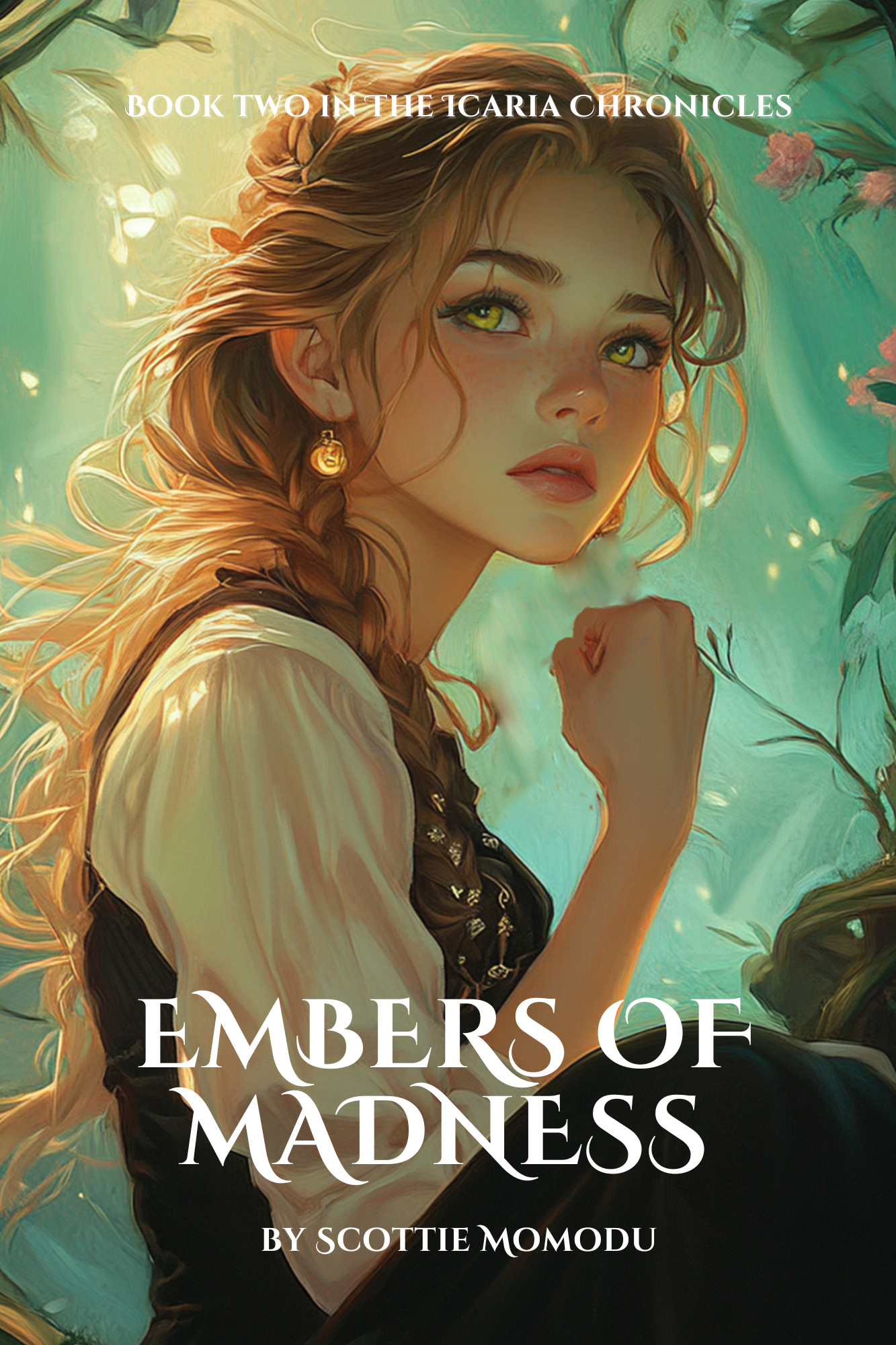 Book cover illustration of a young woman with long, wavy hair, green eyes, and freckles, wearing a white blouse and black vest, surrounded by greenery and pink flowers. The title is "Embers of Madness" by Scottie Momodu, and it is labeled as "Book Two in the Icaria Chronicles."