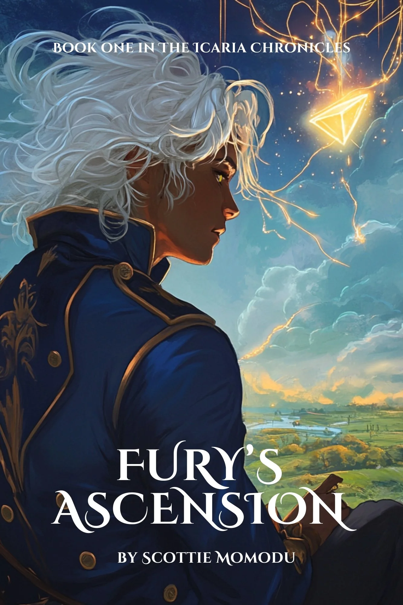 The cover art for the book "Fury's Ascension" by Scottie Momodu features a portrait of a young man with curly white hair, looking to the side. He wears a blue military-style jacket with gold accents. The background shows a scenic landscape with a sky filled with clouds, and lightning or magical energy forming geometric shapes, including a glowing triangle. The title and author's name are prominently displayed.