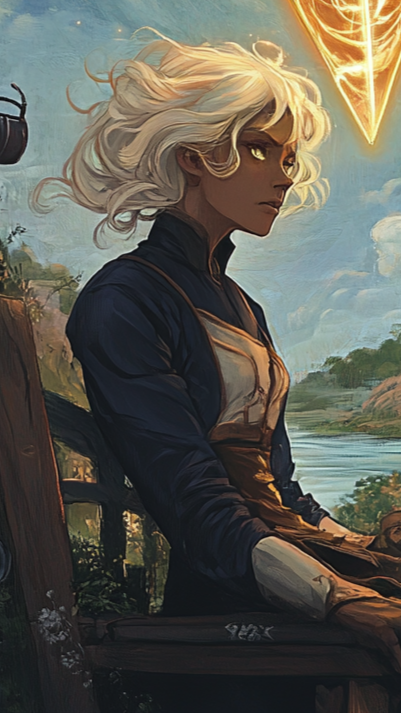 A woman with platinum blonde hair and glowing eyes sitting outdoors near a river, with a glowing feather-shaped symbol above her head.