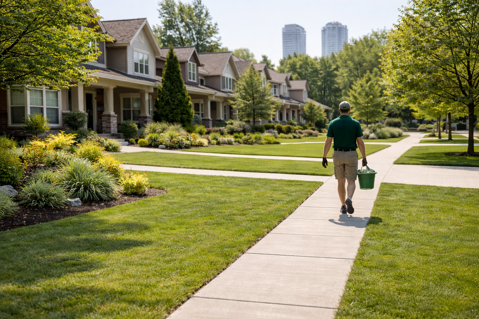 Dog waste removal technician cleaning a residential backyard lawn in Edmonton