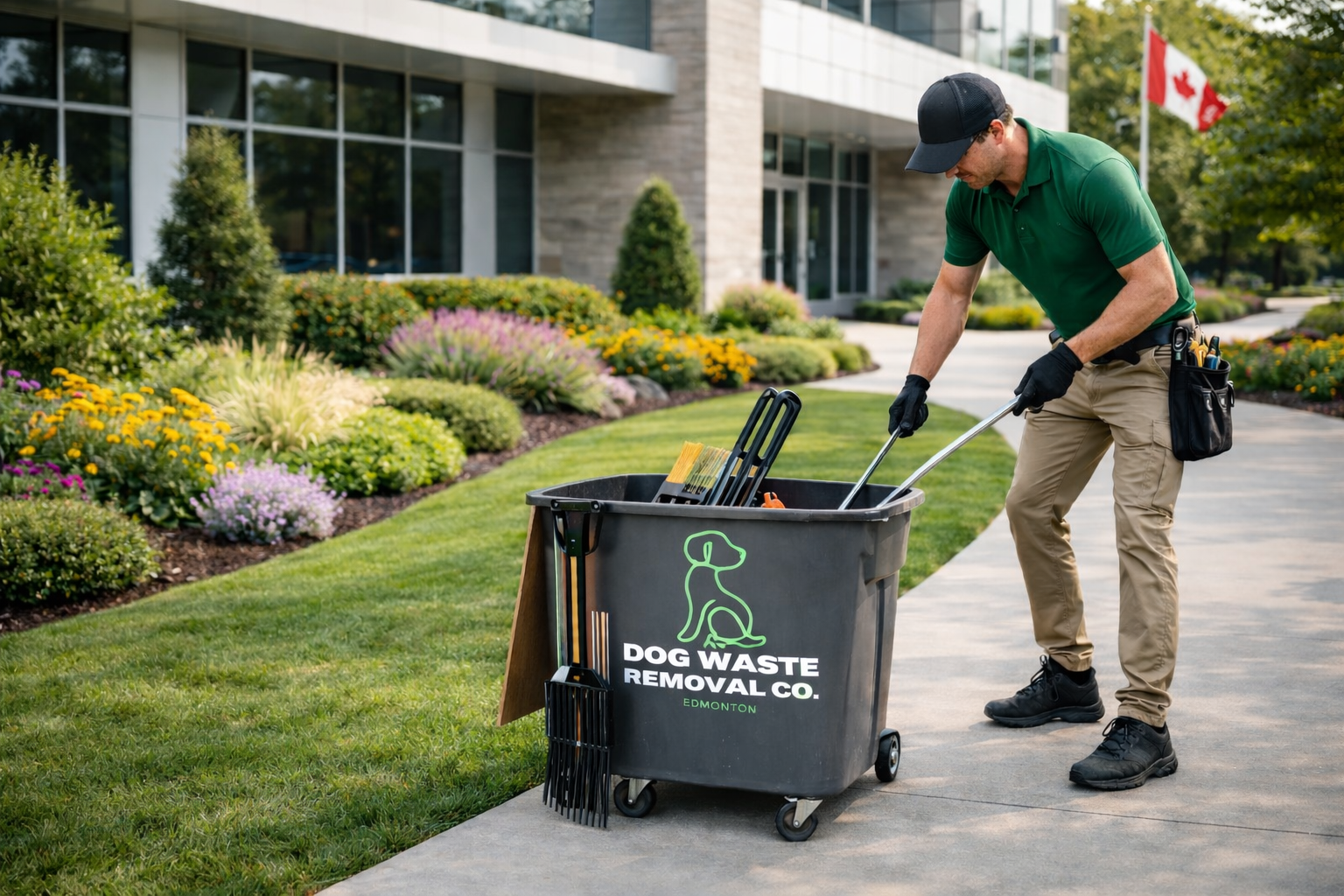 Professional dog waste removal technician servicing landscaped commercial property in Edmonton, Alberta