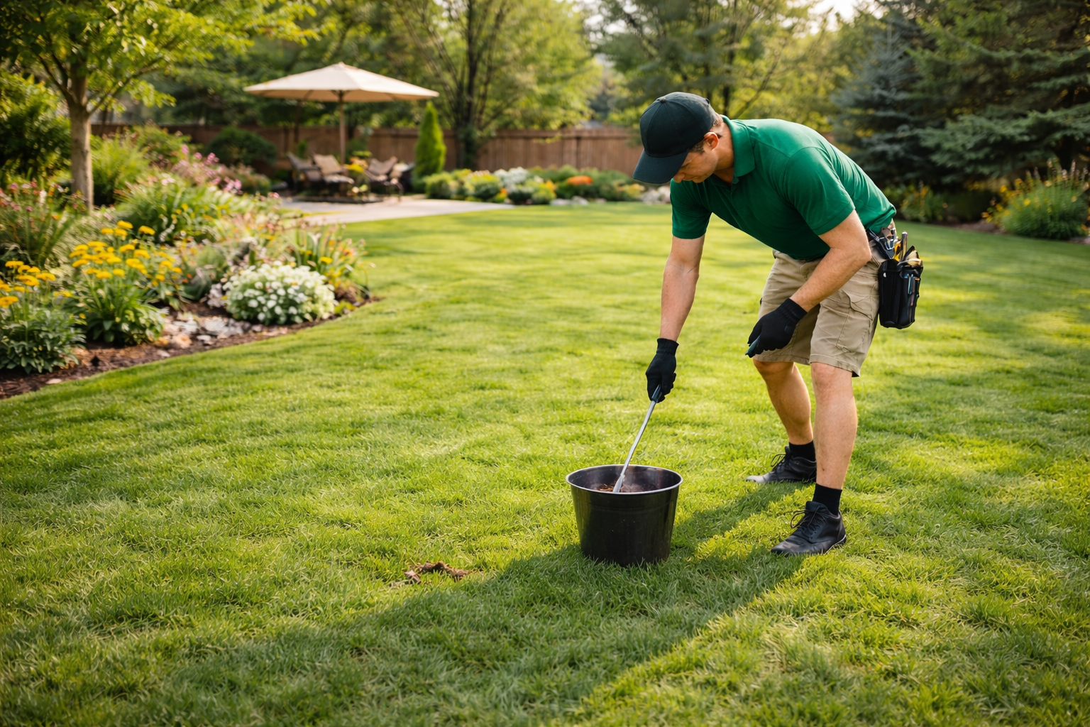 One-time dog waste removal service in Edmonton cleaning a large residential backyard with a well-kept lawn.