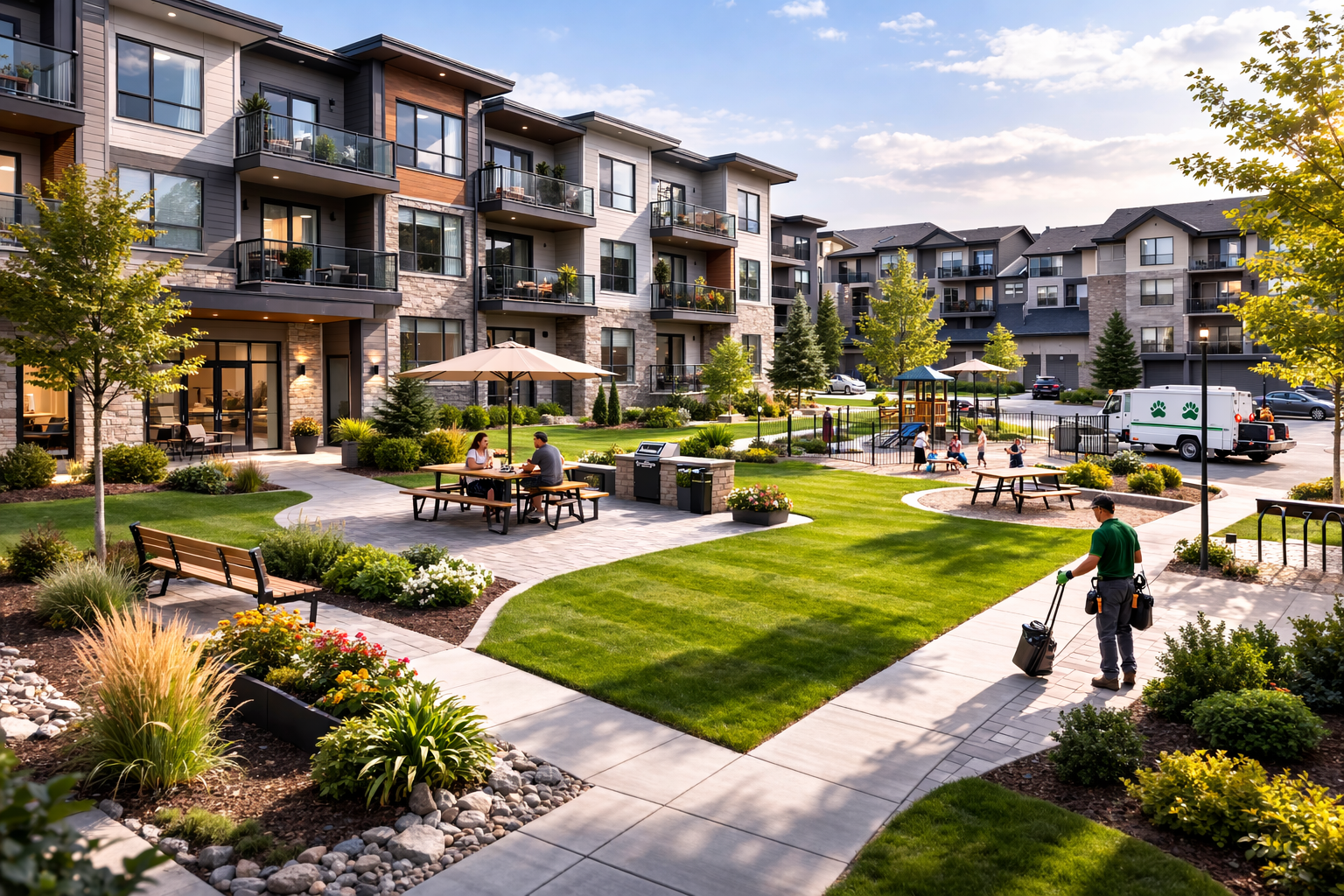 Professional pet waste management service maintaining clean shared outdoor spaces at a residential complex