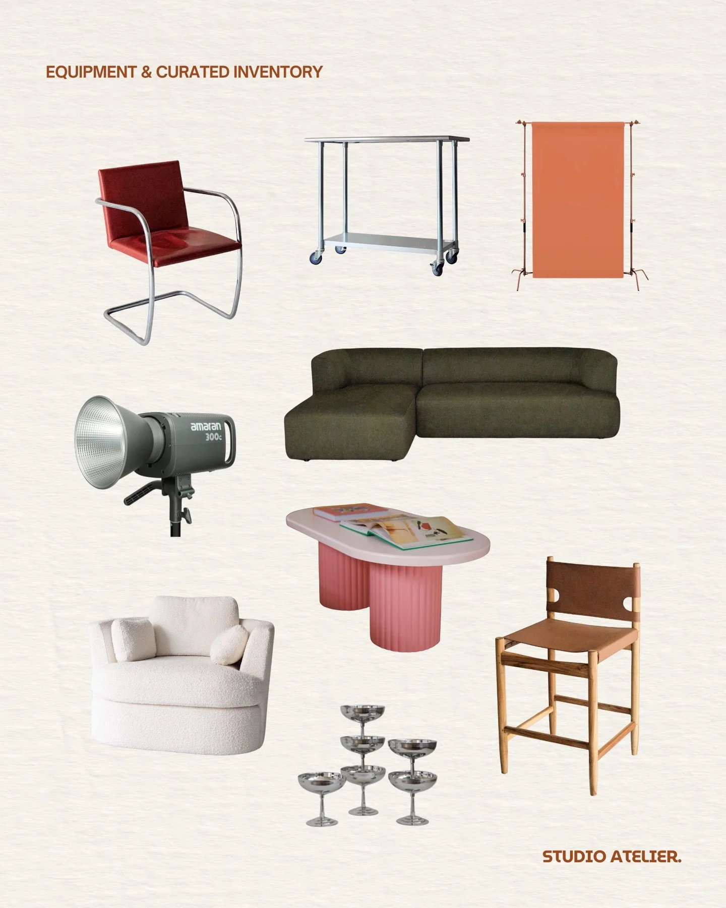 Studio Atelier houses a considered selection of new and pre-loved designer furniture, refined styling elements &amp; professional equipment. 

&bull; Aputure 330C RGBWW Light
&bull; Curated occasional chairs
&bull; Large green couch
&bull; Cowhide ru
