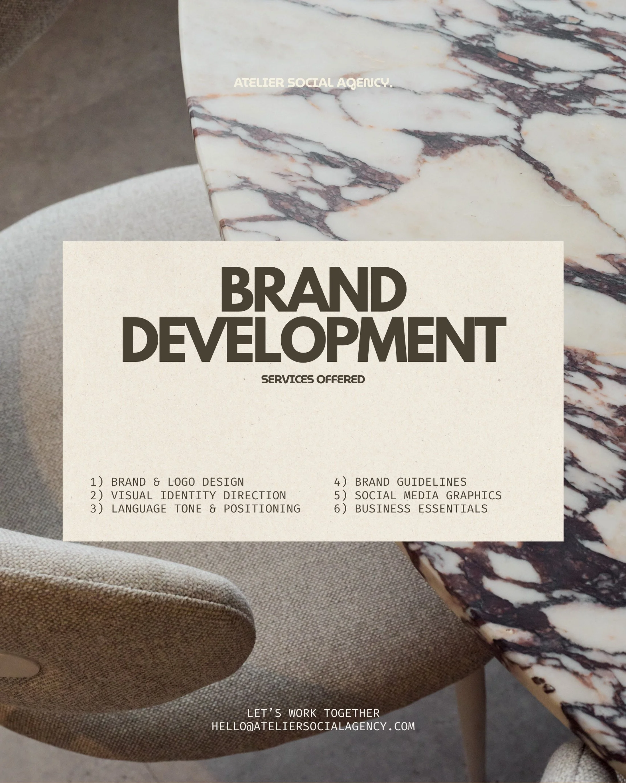 Beyond aesthetics, great branding creates connection.

Through our Brand Development service, we help businesses define their identity, refine their positioning and build a brand that feels both intentional and memorable.

Because when every touchpoi
