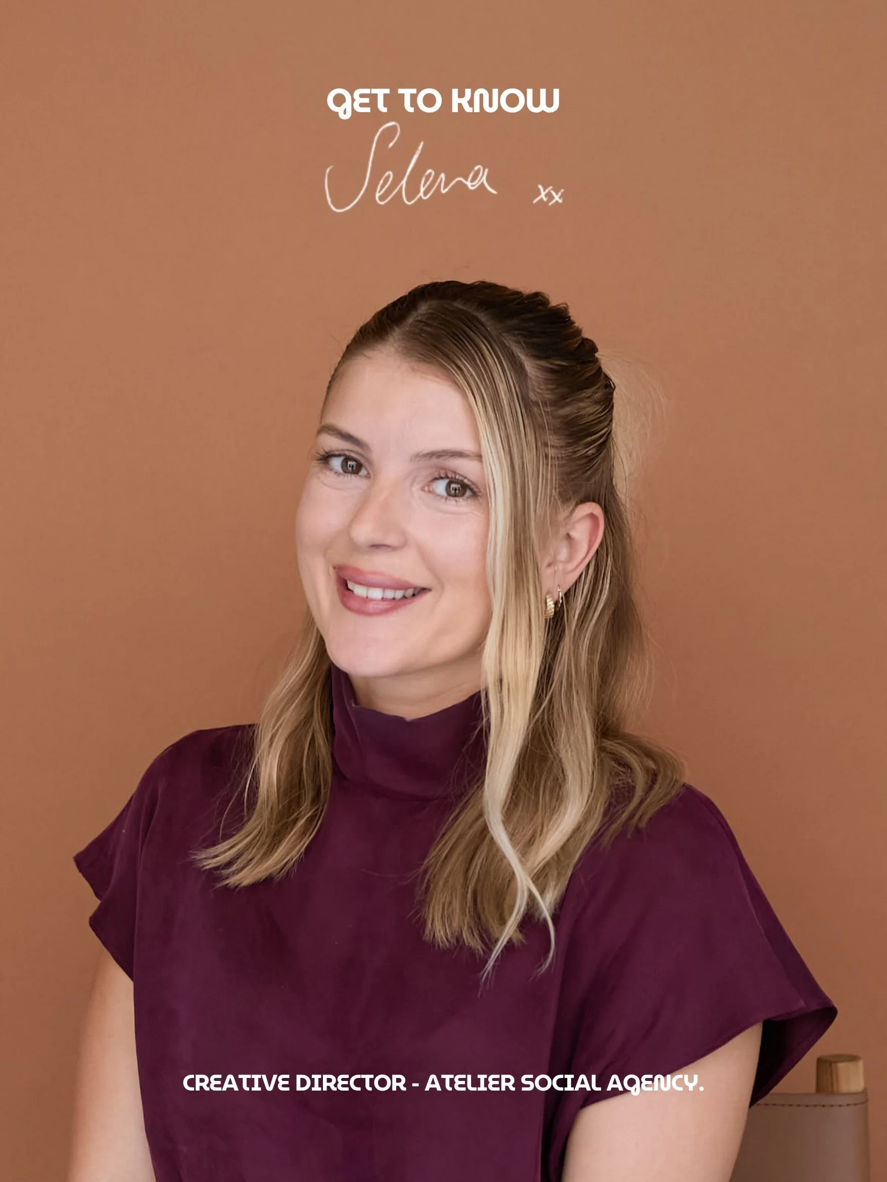 Meet Selena, the creative mind behind the brands we build.

Usually somewhere between a moodboard, a matcha and a hundred saved screenshots, she&rsquo;s happiest translating ideas into thoughtful, distinctive brand identities.
