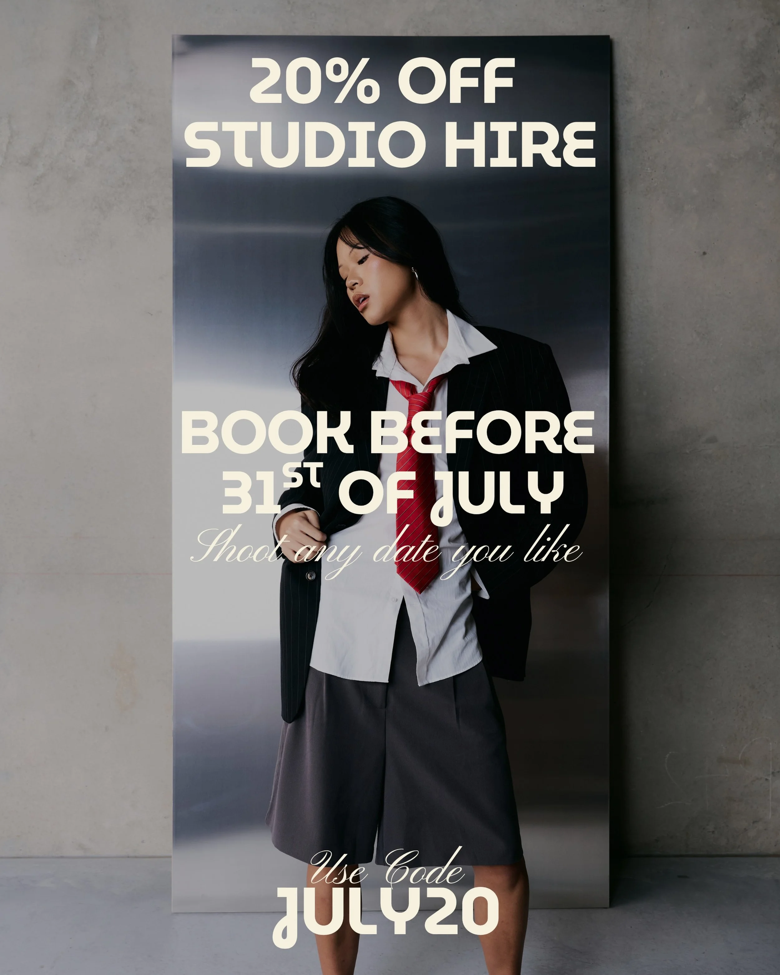 A little mid-year treat from us. 

Book Studio Atelier before 31 July and receive 20% OFF your studio hire.

The best part? Your shoot doesn&rsquo;t have to happen this month, you can secure any future date and still receive the discount.

Simply use