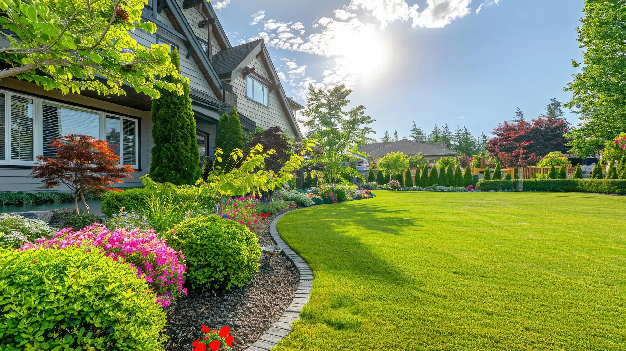 A well-maintained front yard with lush green grass, colorful flowering bushes, and trimmed hedges. There are tall trees near a suburban house with grey siding and large windows. A stone border lines the flower bed. The sky is partly cloudy with bright sunlight shining down, creating a peaceful and vibrant neighborhood scene.