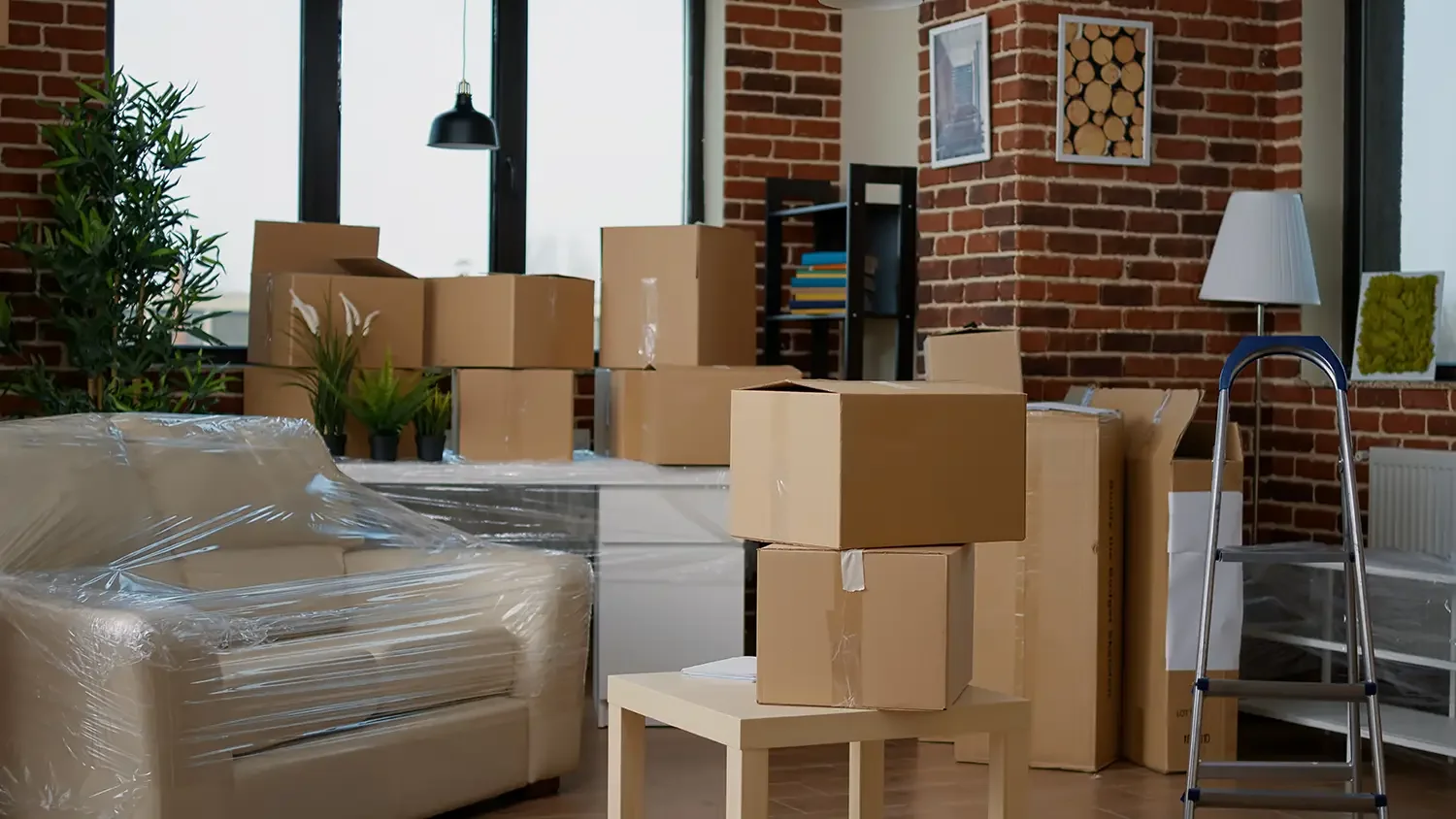 Living room with moving boxes, a wrapped sofa, a small table with two boxes, a folding step ladder, bookshelf, and decorative plants against brick walls and large windows.