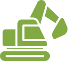 Icon of a excavator with a bucket arm.
