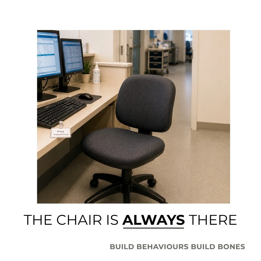 The chair is always there.

Somewhere along the way, many healthcare workers stop noticing how many hours of their working life happen sitting down.

This isn't a lack of information that activity and structured exercise is good, but rather it's beca