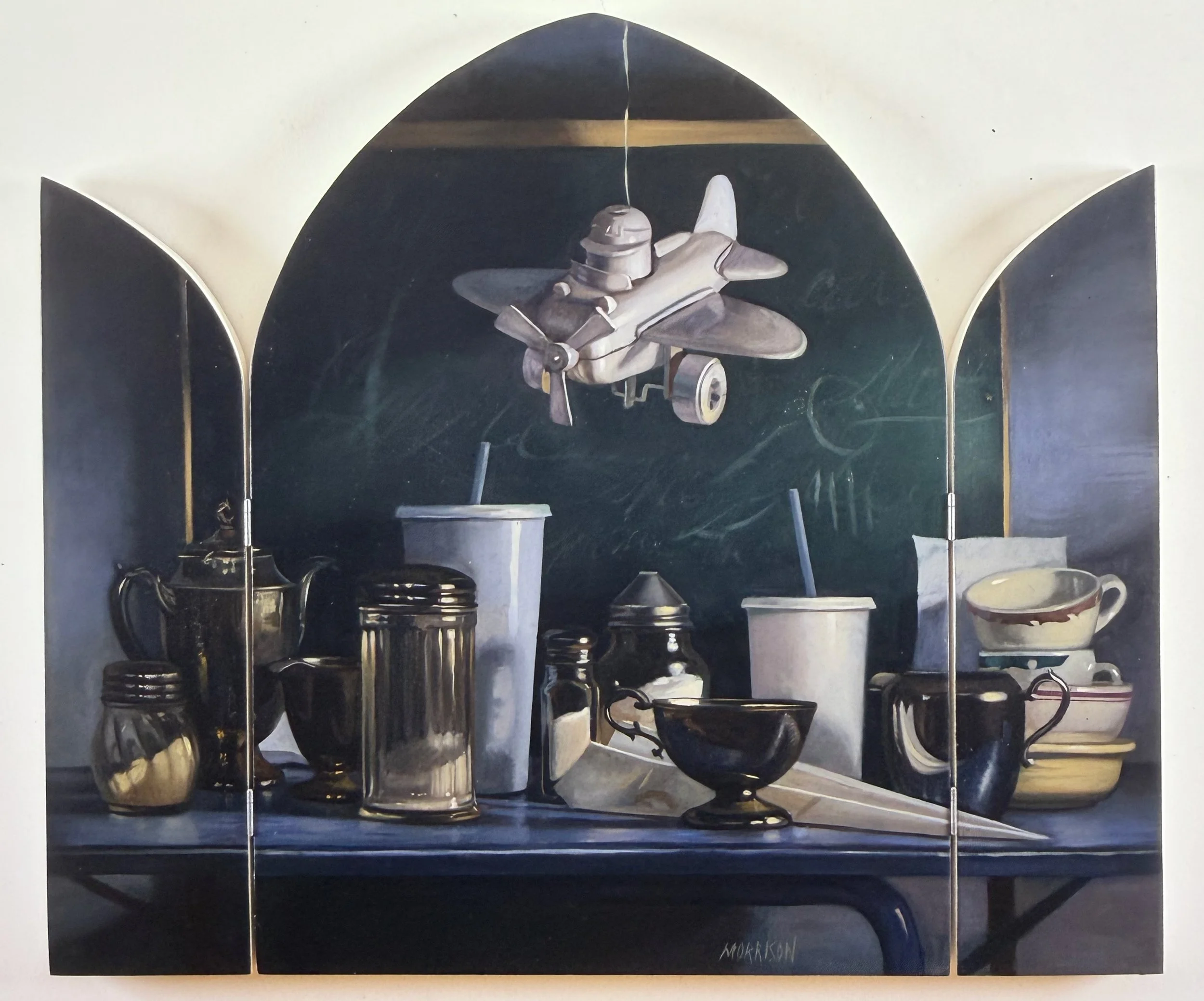 Two Airplanes
Oil on panel (triptych) 33 x 38 1/4 inches