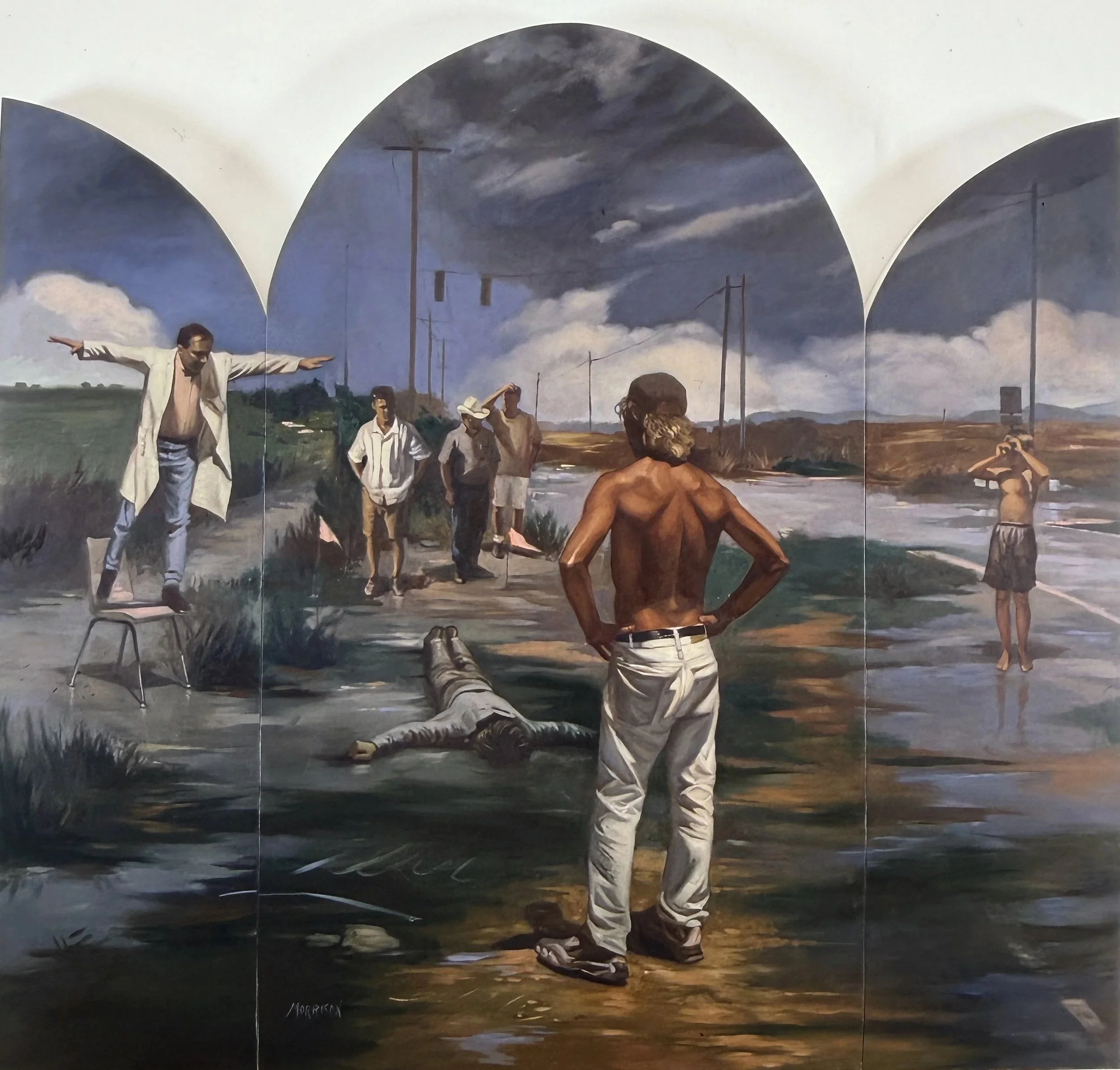 Flying in Formation
Oil on panel (triptych) 70 1/2 x 76 inches