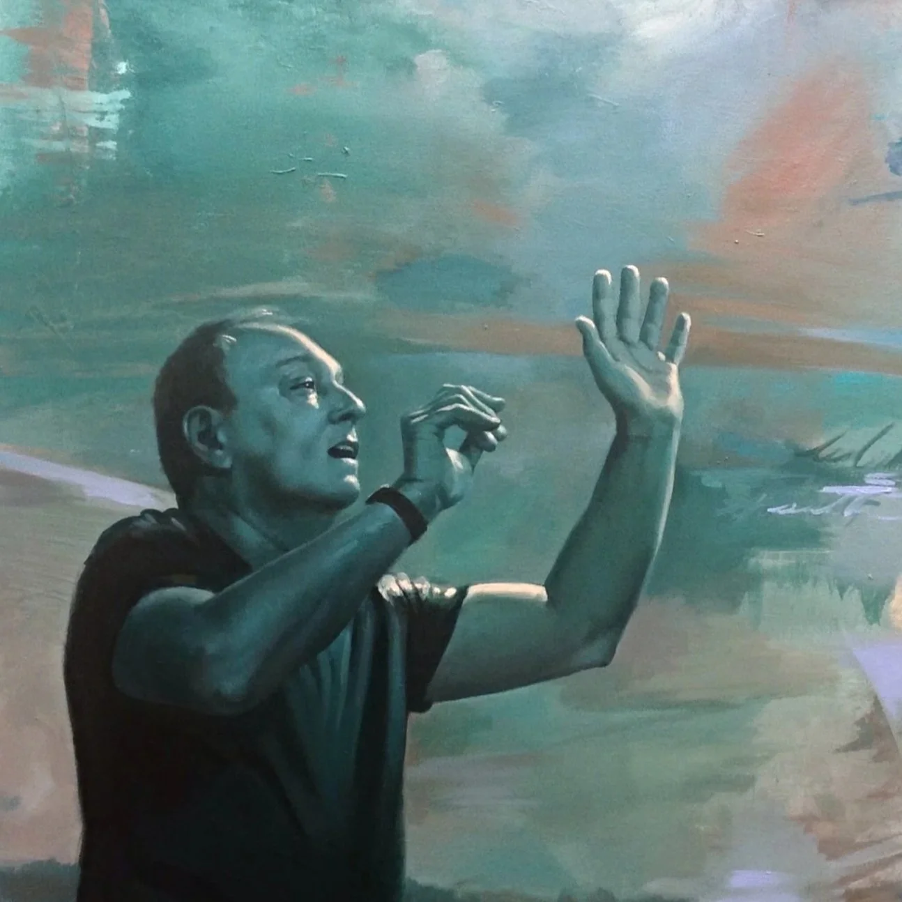 A person gestures with hands against a painted cloudy sky background.